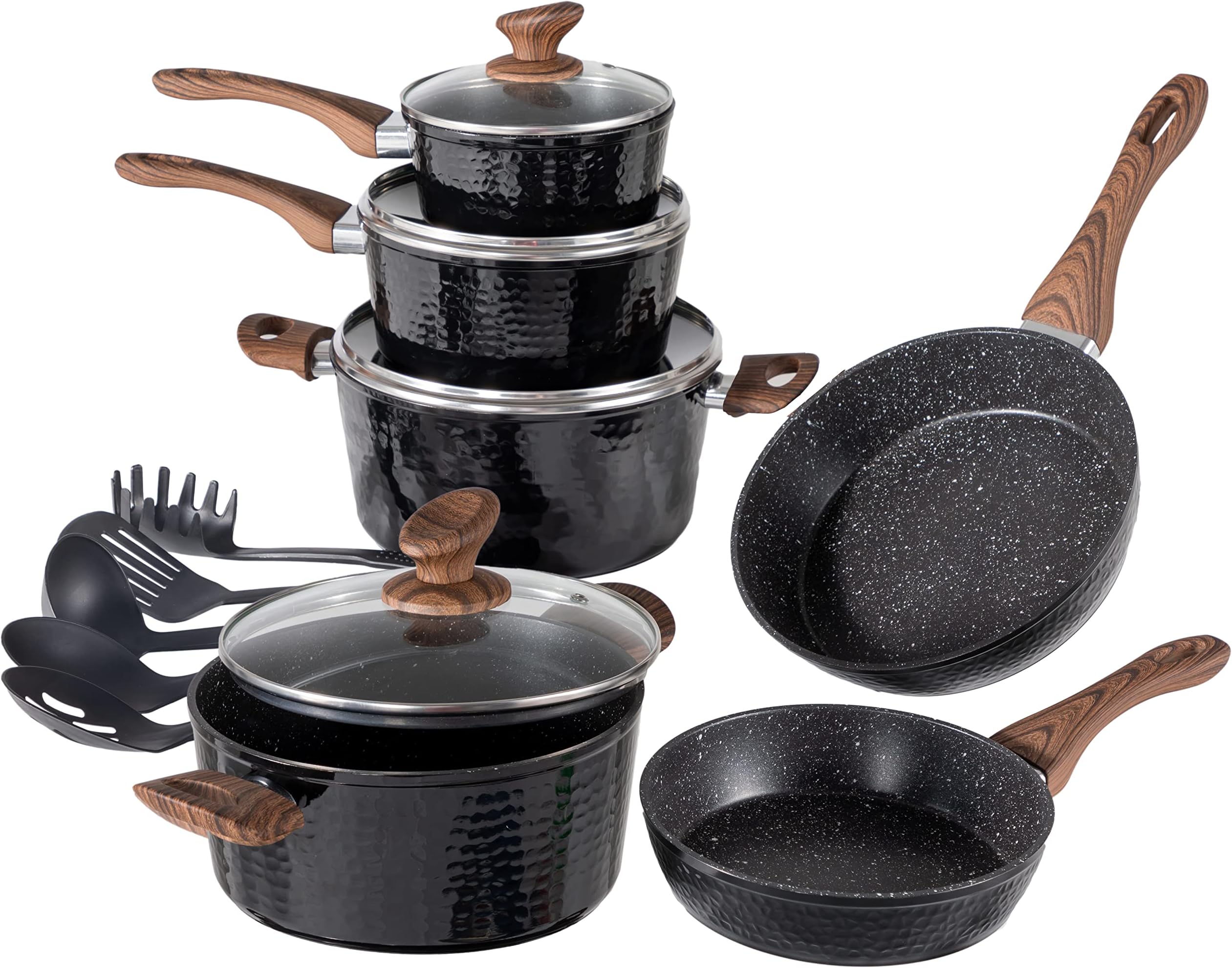 Induction Kitchen Cookware Sets Nonstick - Granite Hammered Pan Set Dishwasher Safe Cooking Pots and Pans Set