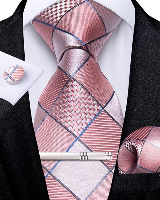 DiBanGu Mens Silk Tie Set Stripe Plaid Necktie Pocket Square Cufflinks and Tie Clip Set for Business Wedding Party