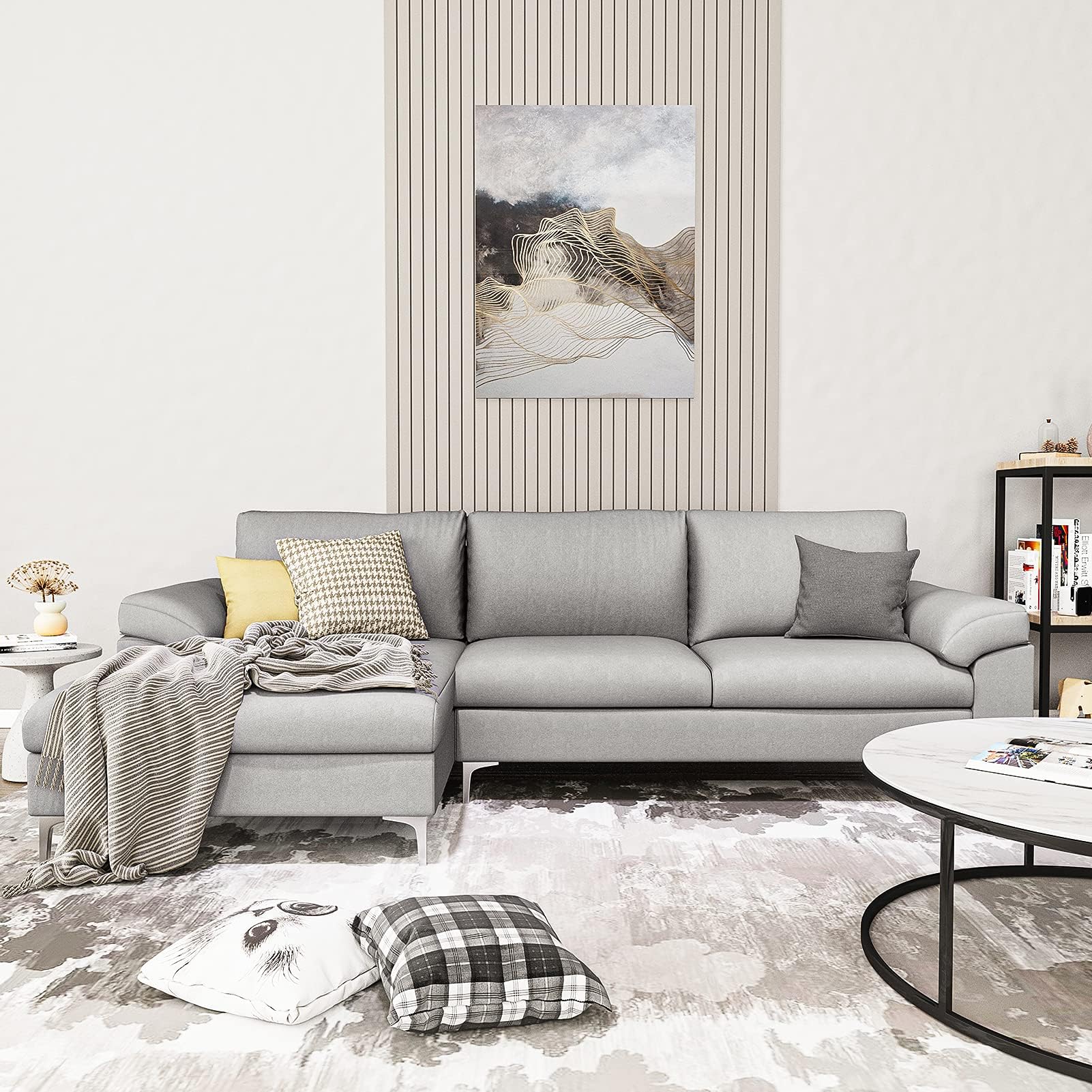 L Shape Velvet Fabric Sleeper Sectional Sofa with Extra Wide Chaise Couch for Living Room (Gray AA)