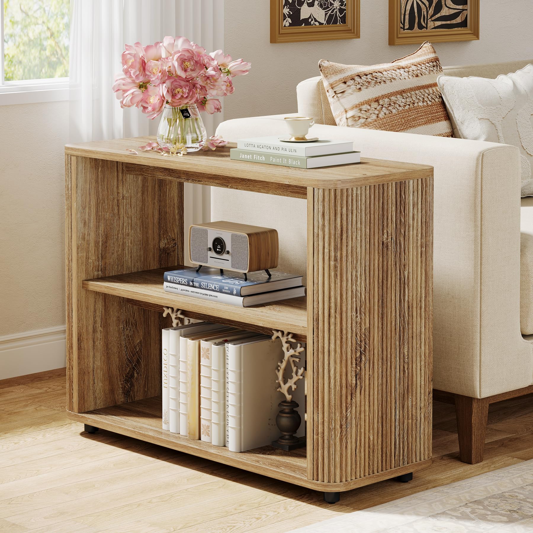 Tribesigns 3-Tier Narrow End Table, Fluted Nightstand, Bedside Table | Storage Shelves, Farmhouse Style, For Living Room, Bedroom, Small Spaces, Sofa Couch, Natural