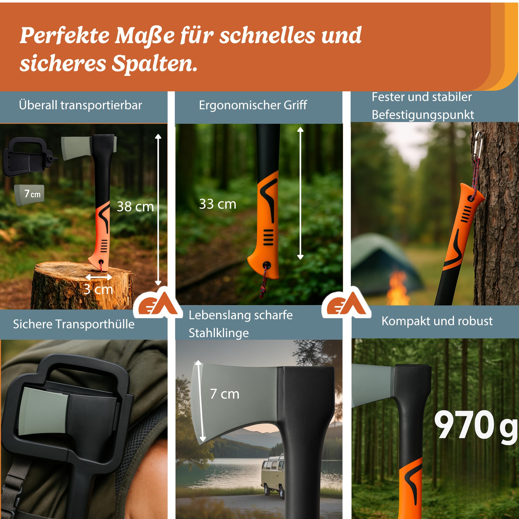 Axeplorer Axt 38 cm Bushcraft Spaltaxt mit Carbonstahlklinge, rutschfestem Griff, Klingenschutz, Karabiner & Seil – Camping Outdoor Beil, Survival Machete, Vanlife Werkzeug, holzspalter axt
