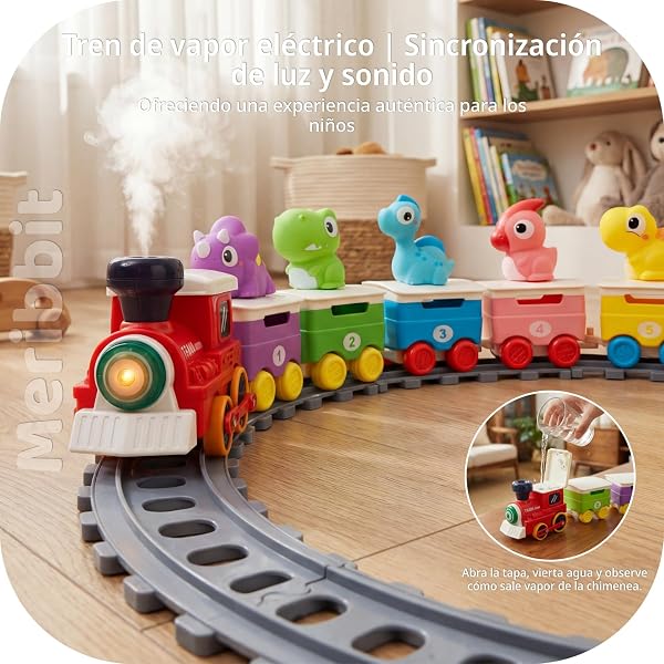 Meribbit Tren con Vías, Luces y Efecto Vapor, Marionetas de Dedo Dinosaurio, Juguetes Montessori Sensoriales, Juego Educativo para Niños de 2 Años, Regalo 1-3 Años - 3