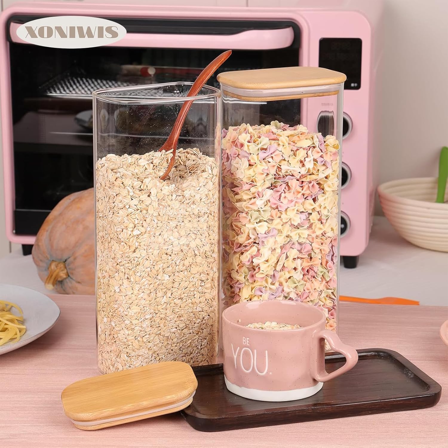 71oz 3PCS Rectangle Spaghetti Pasta Storage Containers with Lids, Tall Pantry Containers, Glass Tight Food Storage Jars with Lids for Penne, Macaroni, Lasagna, Fusilli, Cereal, Flour, Oats - Image 7