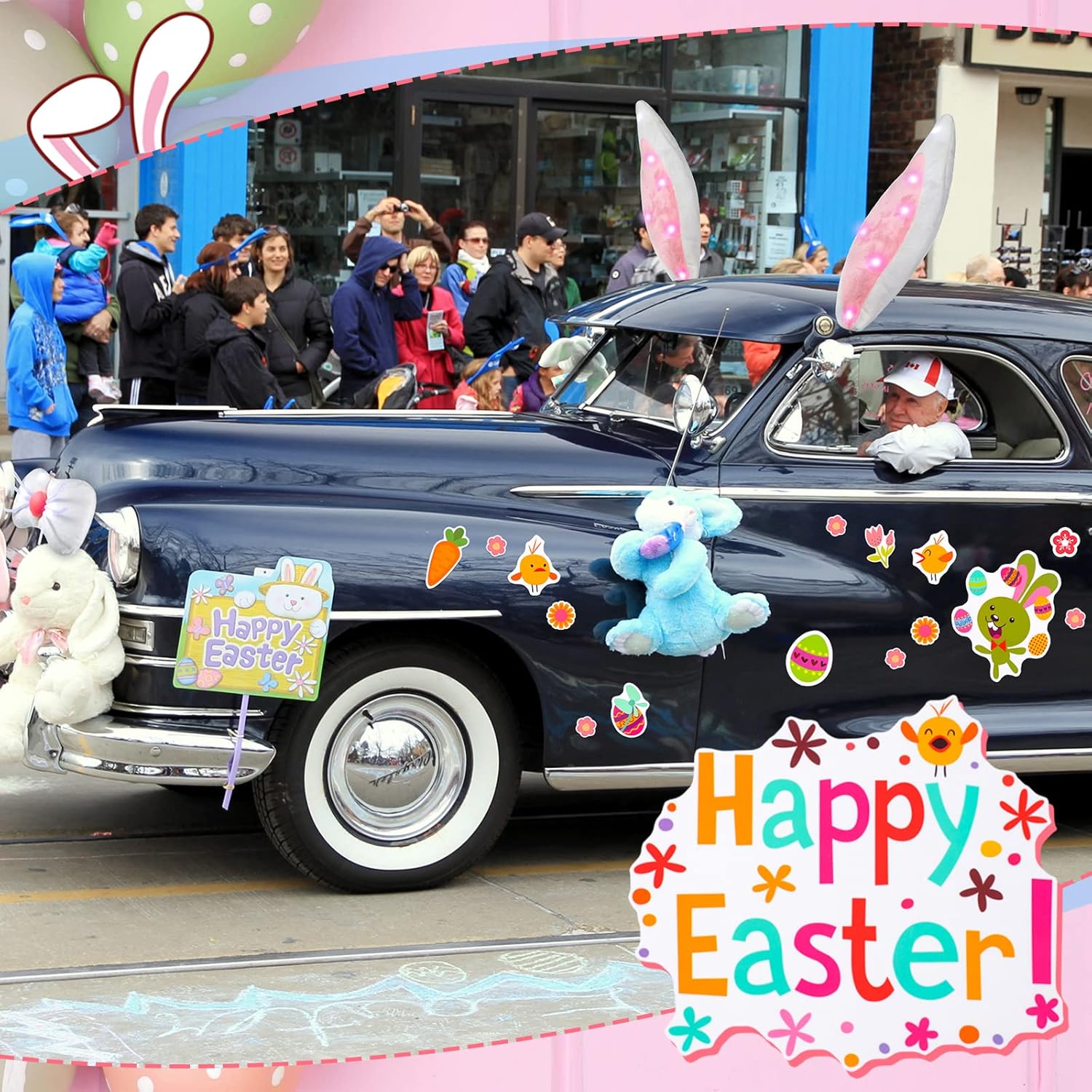 Frienda 4 Pieces Easter Car Rabbit Bunny Ears Decorations with LED Lights and 4 Sheets Rabbit Happy Easter Electrostatic Sticker for Auto Easter Party Decorations (Lovely Style)