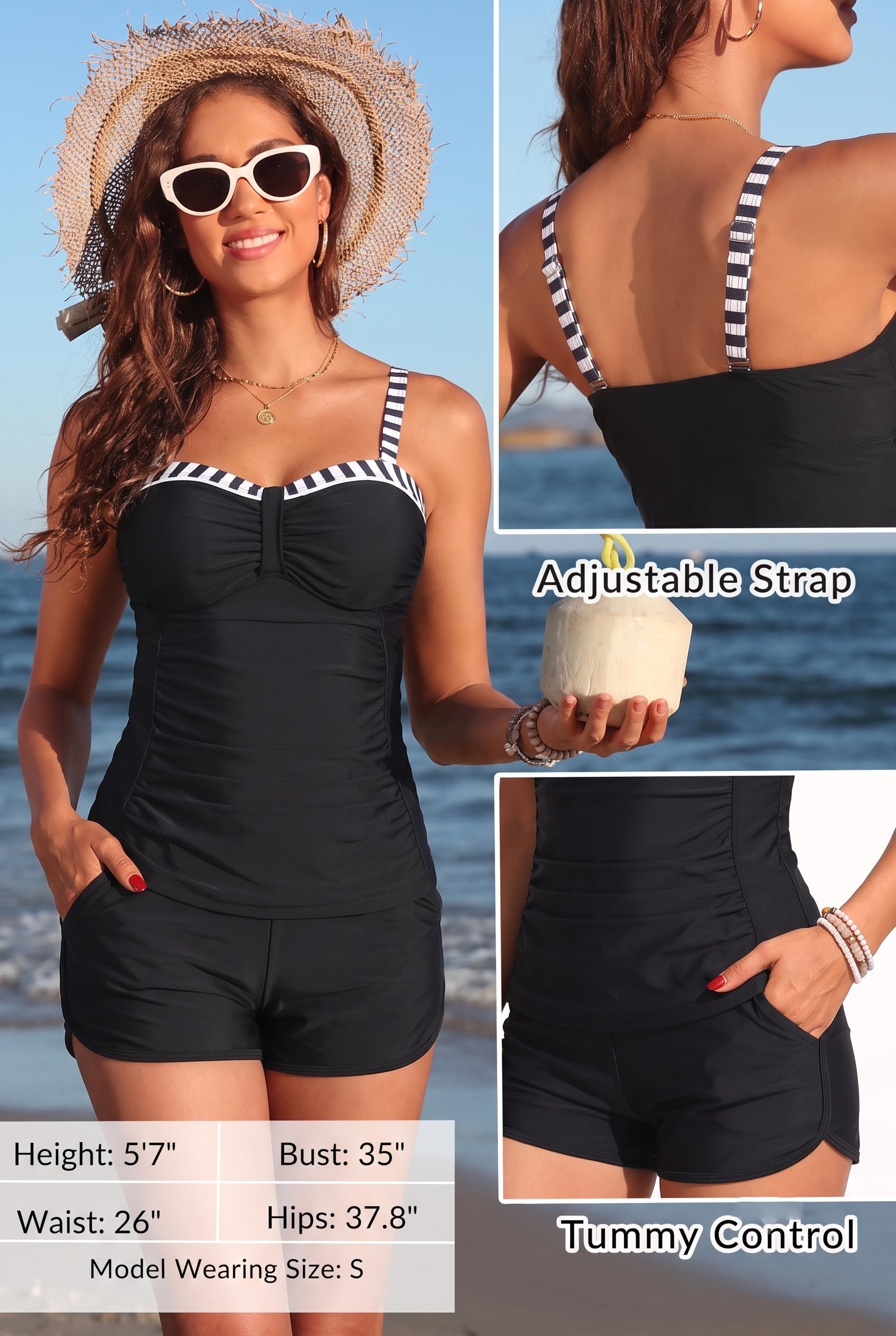 Daci Damen Tankini-Badeanzug mit Bügel und Shorts & Taschen, Bauchkontrolle