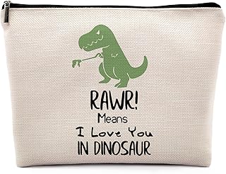 RAWR Means I Love You in Dinosaur Cosmetic Bag, Funny Cute Dinosaur Themed Makeup Bag Zipper Cosmetic Pouch Bag Travel Linen Makeup Organizer, Forest Animals Gifts for Dinosaur Lover Women Girls