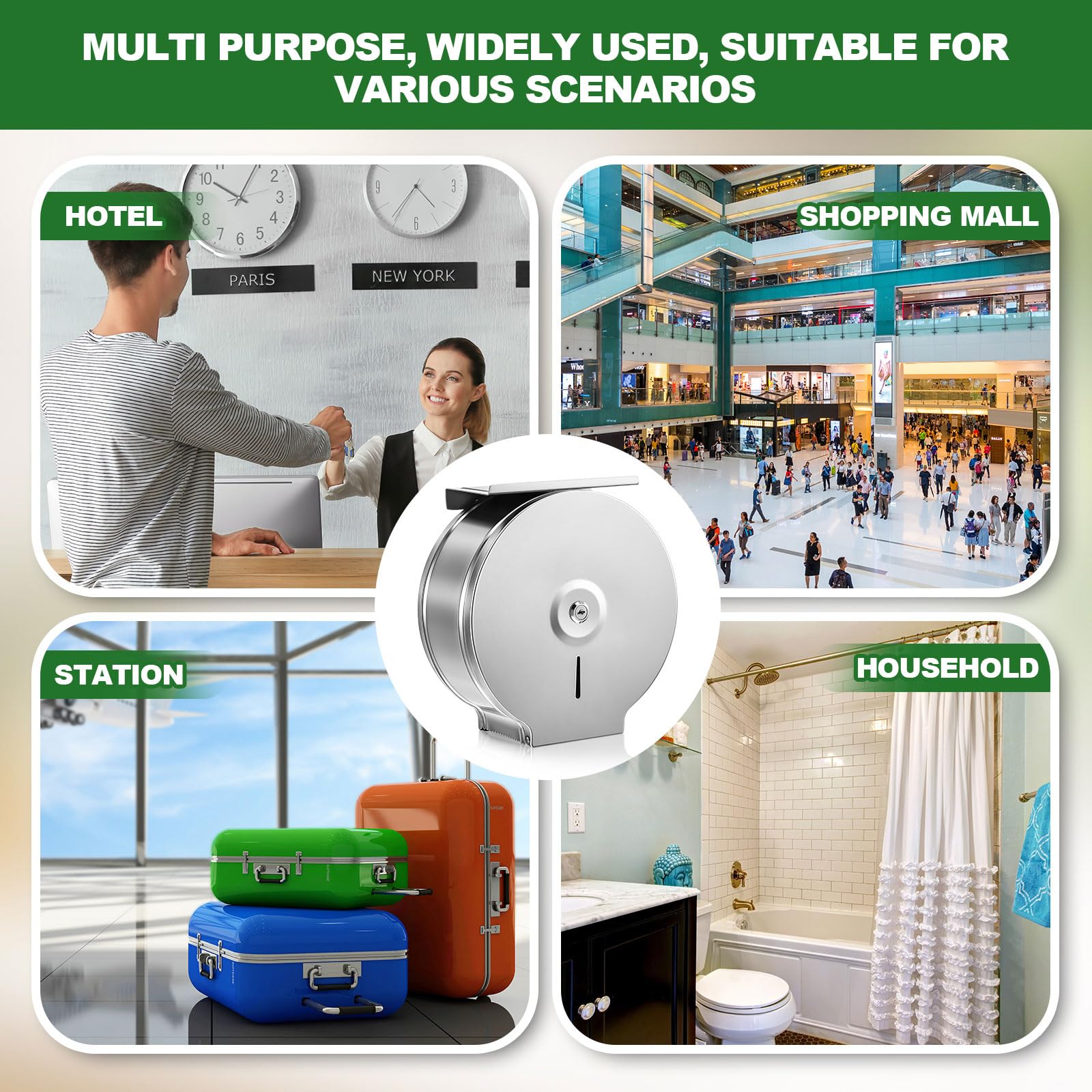 Mifoci 2 dispensadores de papel higiénico con estante de montaje en pared, soporte de papel higiénico comercial de acero inoxidable de 9 pulgadas, dispensador de pañuelos con cerradura y llave para