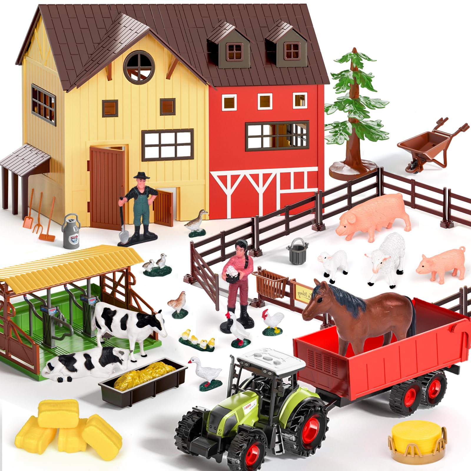 Farm Animals Barn House Toys - Kids Tractor Toy with Lights & Sound, Horse Stable, Cowshed, Chicken Fence, Animal, Farm Accessories, Easter Birthday Gifts for Boys Toddlers Ages 3+