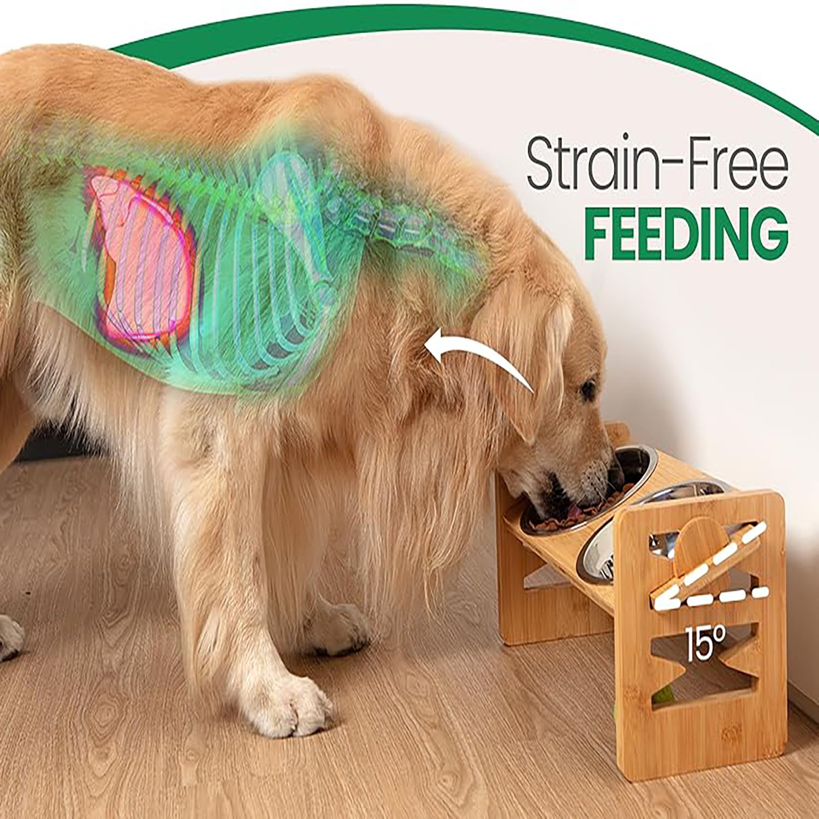 Gamelles surélevées pour chien, gamelles surélevées en bambou avec 2 gamelles pour chien en acier inoxydable, mangeoire surélevée et inclinée pour animaux de compagnie, réglable à 6 hauteurs