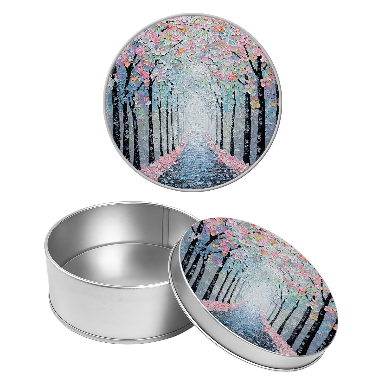 Round Metal Tin Container with Removable Lid, Pink Flowers Forest Durable Metal Storage Box for Crafts Snacks Candies Office Supplies Small Items 3.54 x 1.38 inch– Single Pack