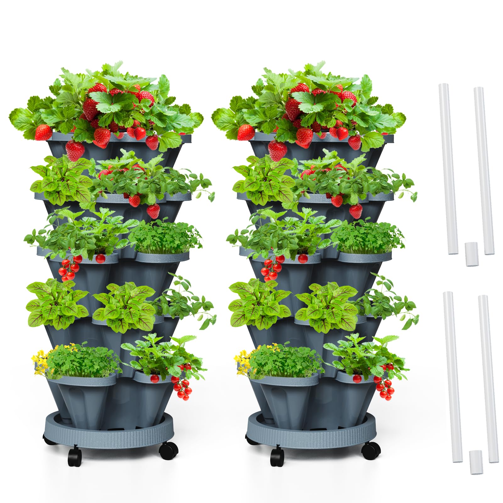 Strawberry Vertical Planters Tower Garden 2 Pack, 5 Tier Stacking Planter with Support Pole, Stackable Herb Planters Indoor Outdoor Dark Grey