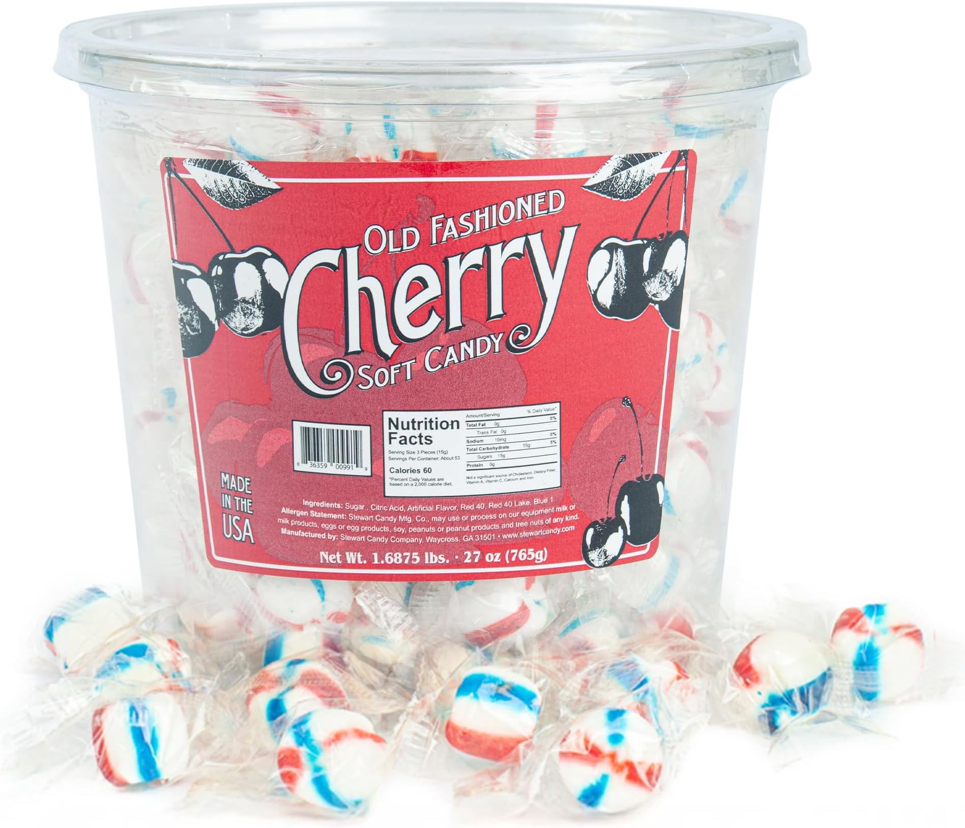 Stewart Old Fashioned Cherry Candy Balls | Individually Wrapped Candy | Pure Cane Sugar Candy | Fat-Free, Cholesterol-Free, Gluten-Free | Classic Soft/Hard Texture, Made in USA - 27 oz Tub