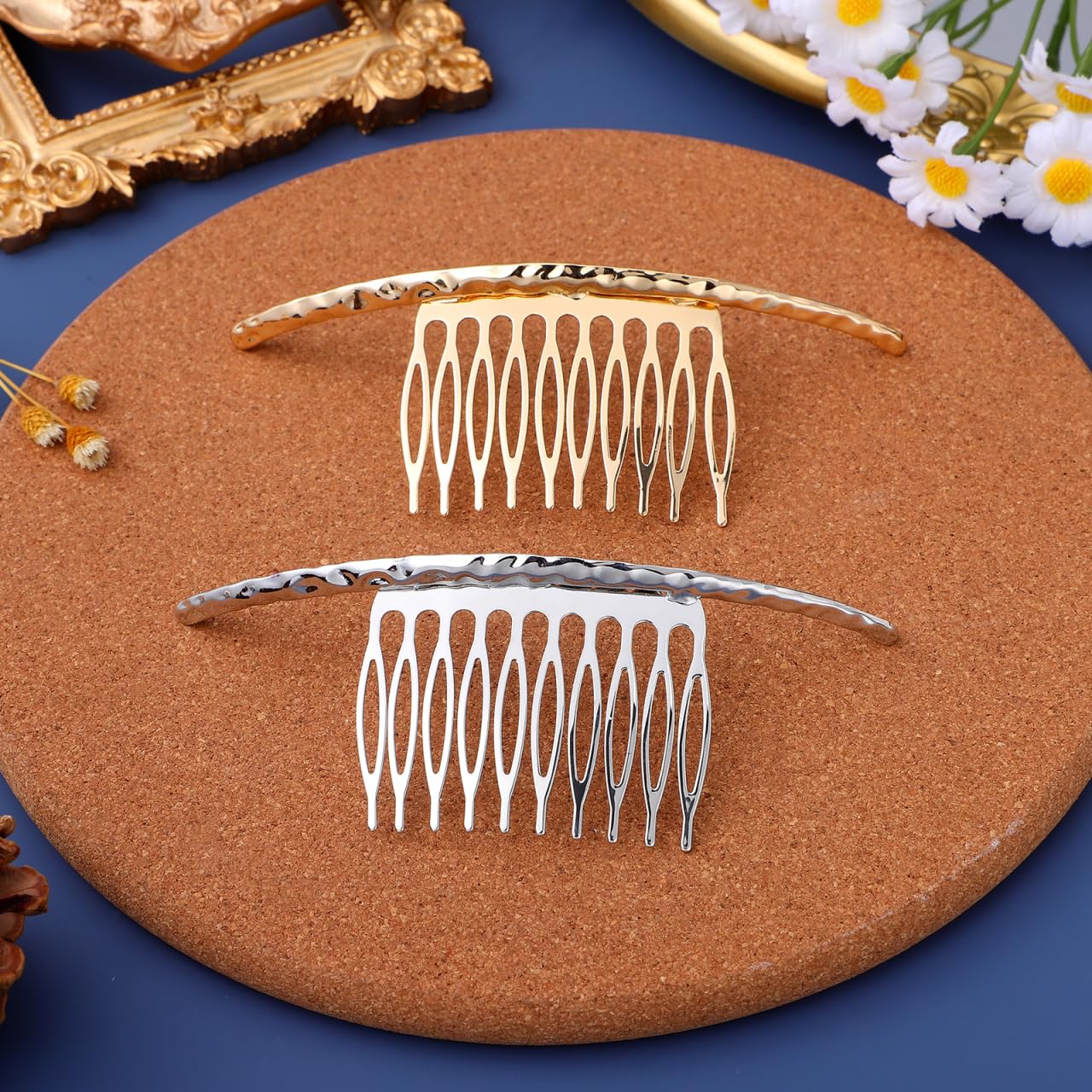 Minkissy Horquilla para el pelo, peine lateral de aleación, 2 unidades, color plateado y dorado, accesorio para el pelo para mujeres y niñas