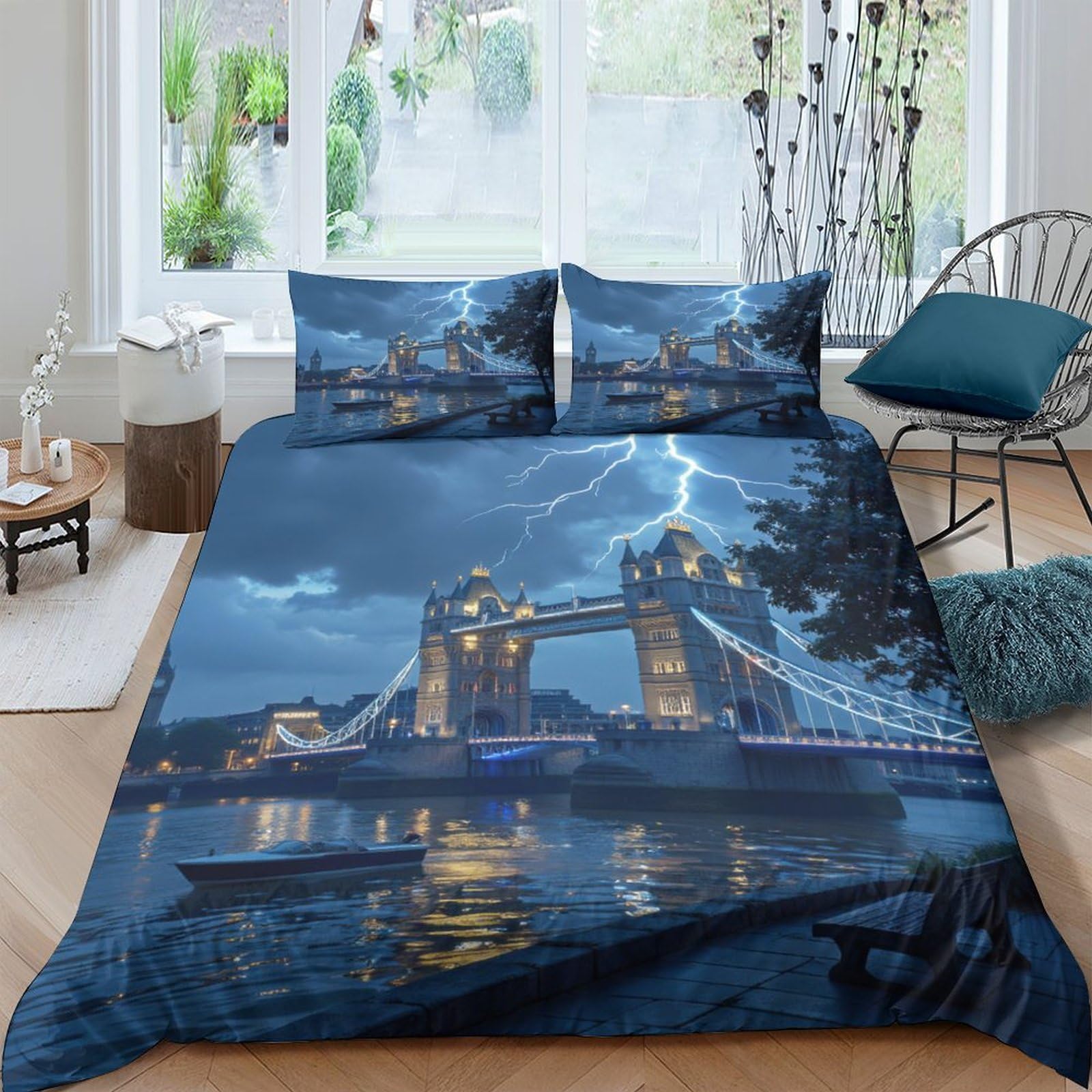 Ctjqhvkz Style-2 3D Printed Tower Bridge Night View Fitted Sheet Microfiber Soft Breathable Lightning Sky Mattress Cover For Bedroom Decor Single（135X200cm）
