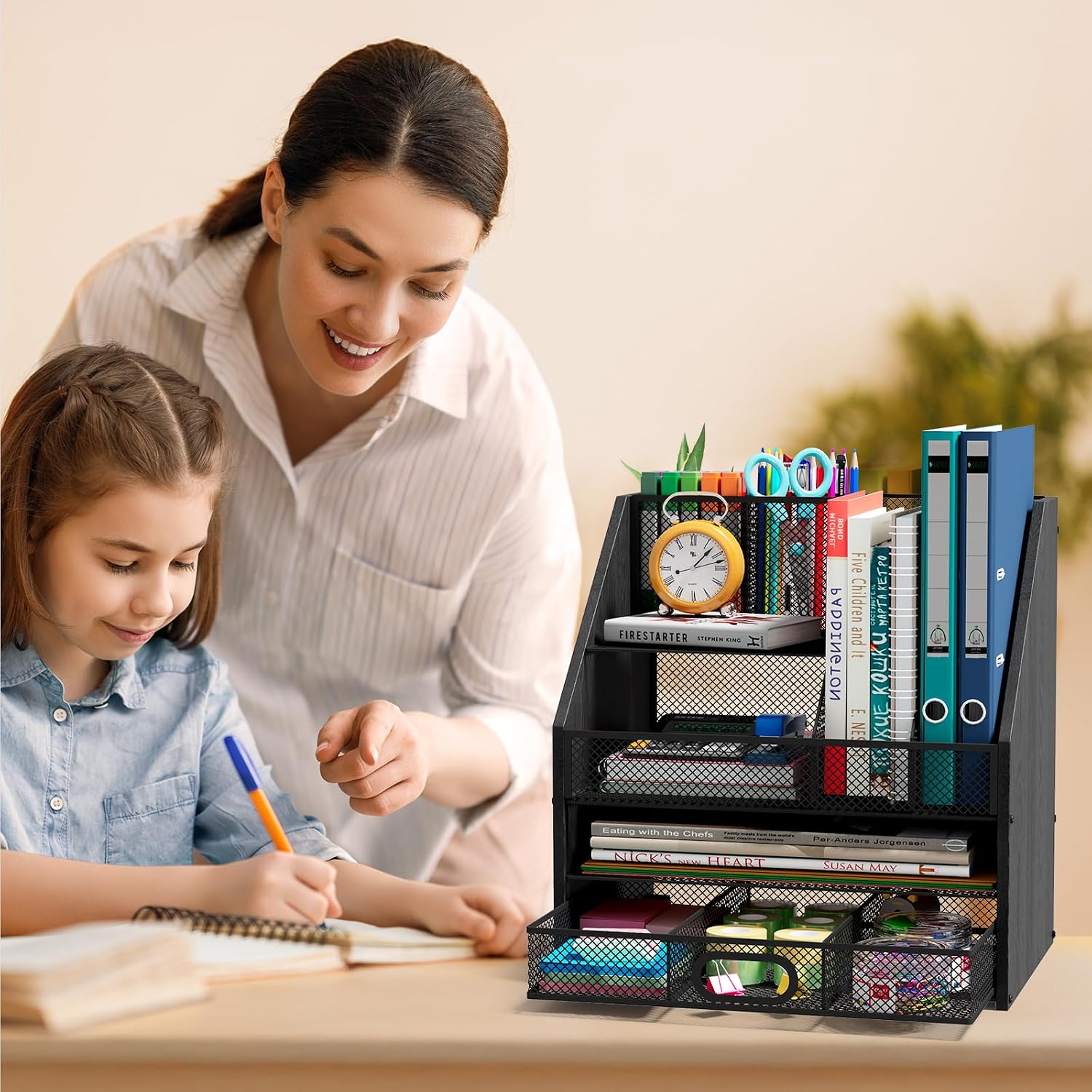 Homsorout Wooden Desk Organizer - Mesh File Organizer with Drawers and Pen Holder - 4-Tier Vertical Paper Letter Storage Tray, Desktop Organizers and Accessories for Home Office (Black