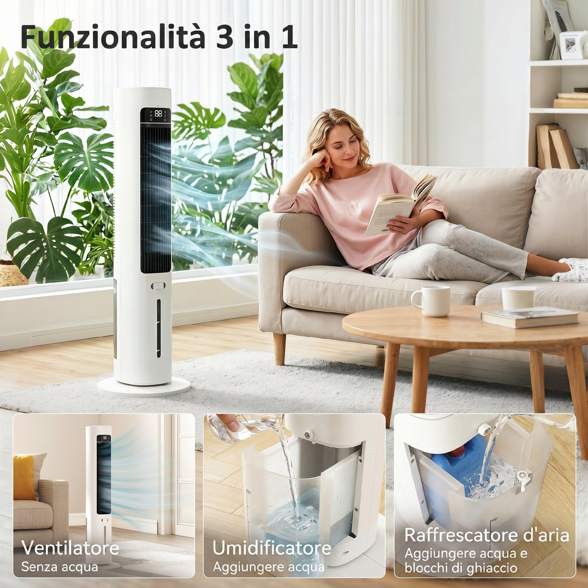 HOMCOM Condizionatore Portatile 3-in-1 con Serbatoio 3 Litri, Oscillazione 48°, 3 Velocità, 3 Modalità, Raffrescatore d'Aria a Torre, 2 Blocchi Refrigeranti, Telecomando, Casa Ufficio, Bianco