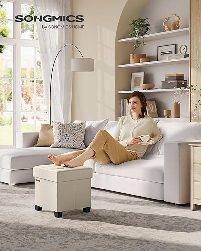 Miniatura 9 de SONGMICS Otomana de almacenamiento, reposapiés otomano pequeño con patas, taburete de pie de 15 x 15 x 15.7 pulgadas, carga de hasta 660 libras,
