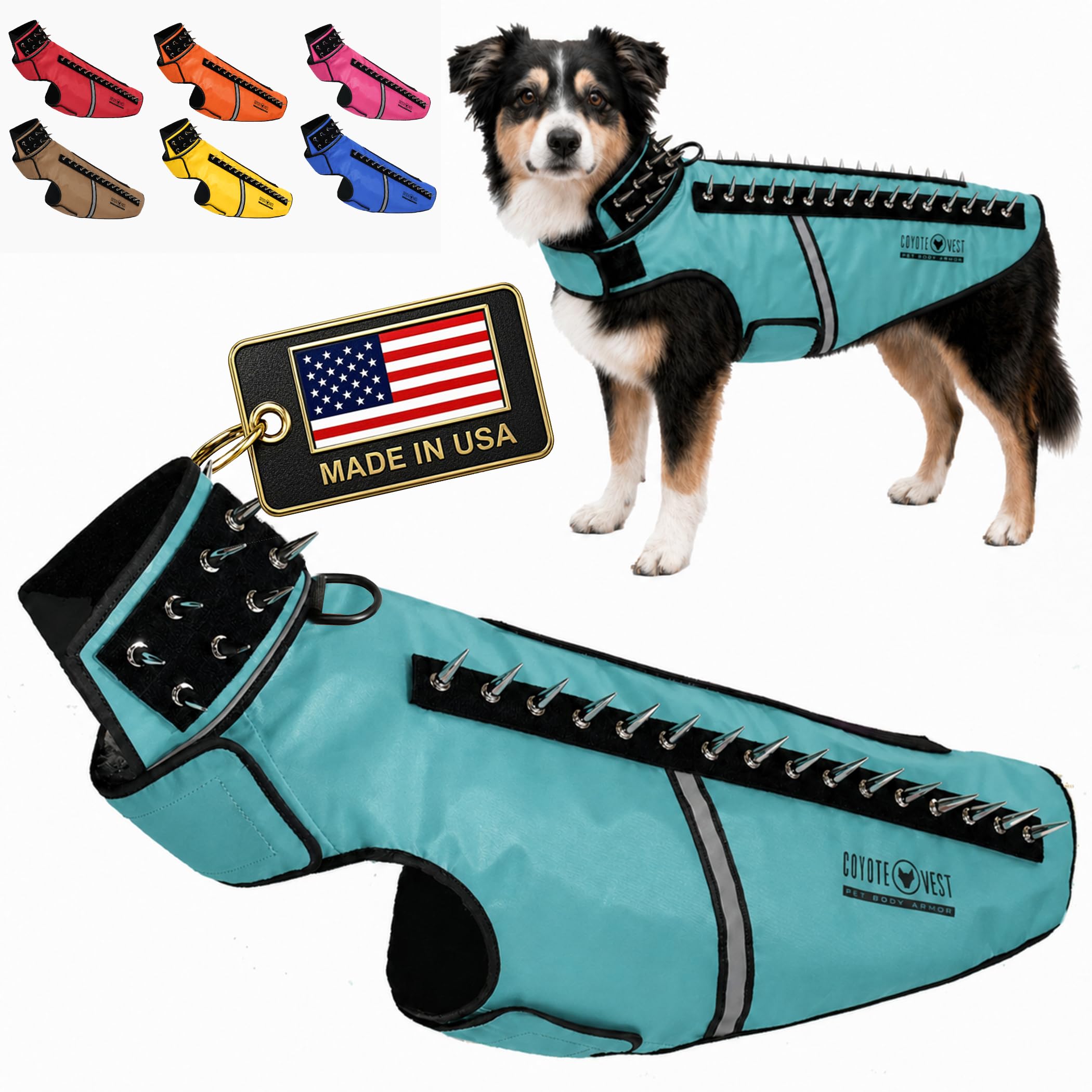 CoyoteVest SpikeVest Dog Harness | Stab-Resistant Protective Vest | Coyote Vest for Dogs | Defends Against Coyotes, Dogs, Birds of Prey | Reflective Safety, Made in USA (L-Turquoise)