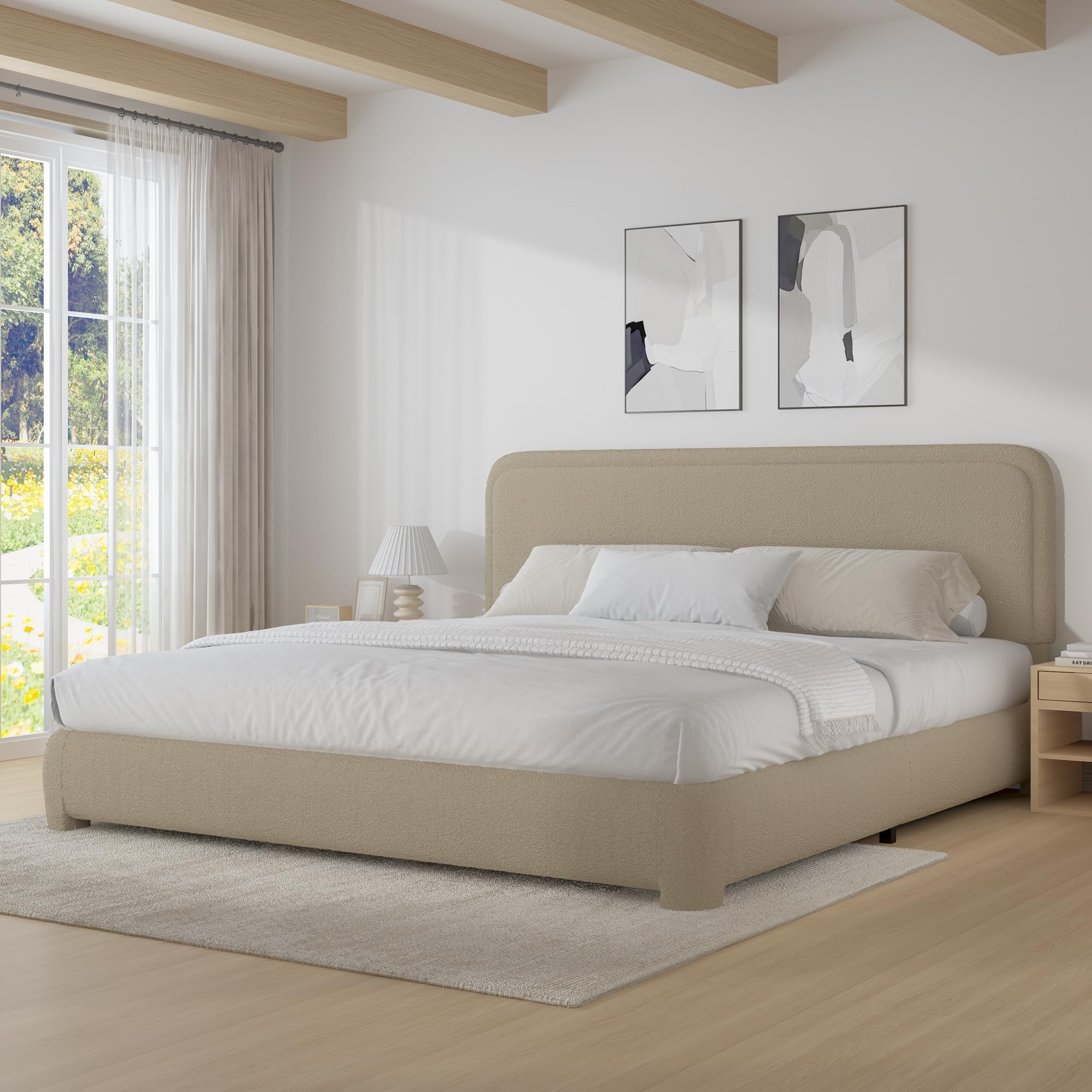 BarnFurin King Bed Frame, Cloud Boucle Headboard, Rounded Corners, Beige