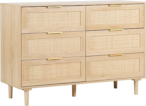 Miniatura 6 de Cómoda moderna de ratán con 6 cajones, cómoda de almacenamiento de madera, cómoda para dormitorio, sala de estar, pasillo (natural) Natural,Negro