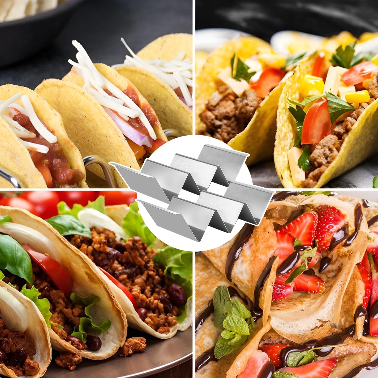 Lot de 2 supports à tacos en acier inoxydable, passent au lave-vaisselle, parfaits pour les tacos souples et durs, idéal pour les tacos tacos