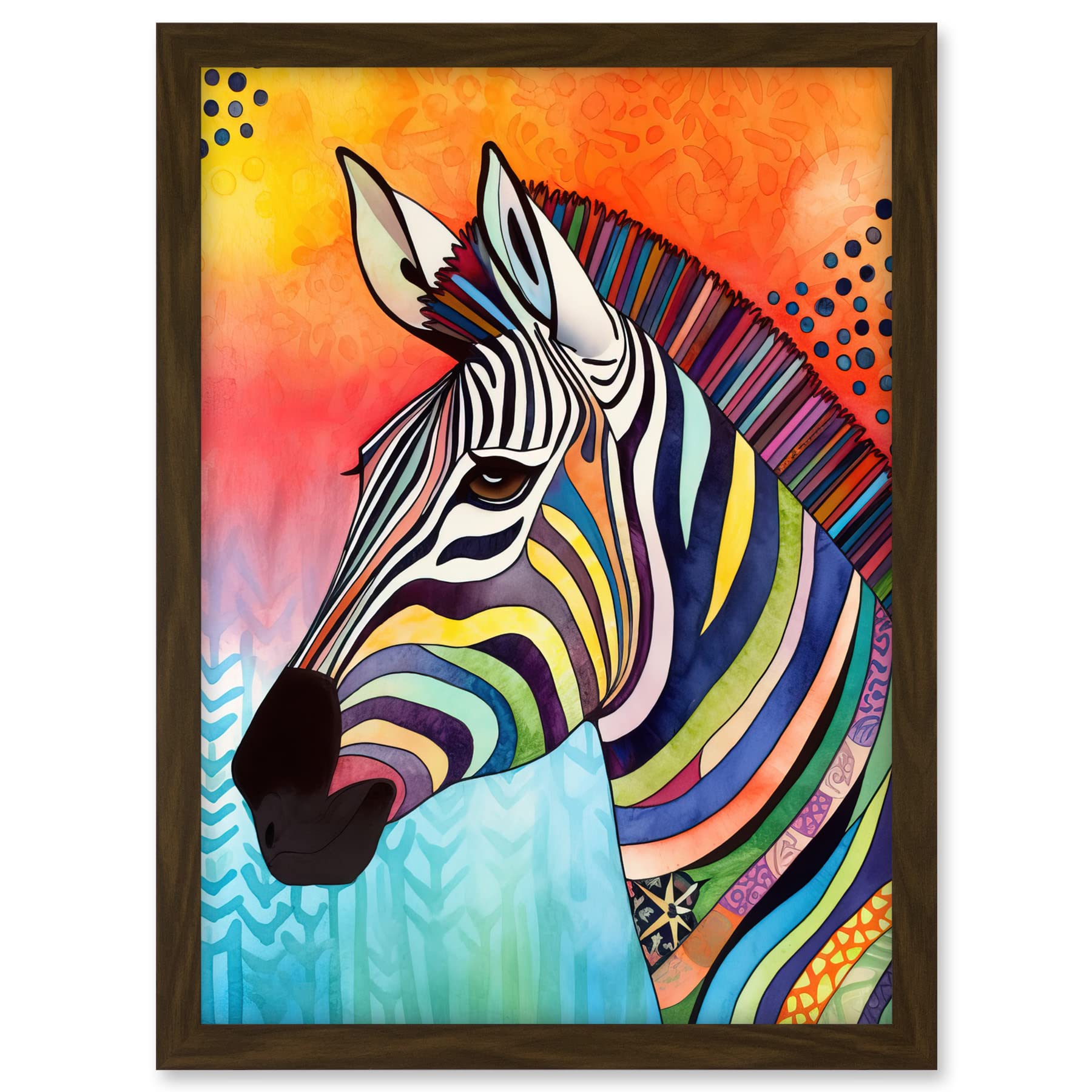 Artery8 Zebra Folk Art Bright Multicoloured Artwork Framed A3 Wall Art Print