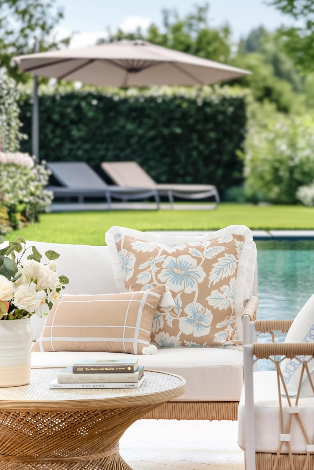 Hofdeco Premium Coastal Patio Indoor Outdoor Lumbar Pillow Cover Only, 12"x20" Water Repellent for Backyard, Couch, Neutral Tan Embroidered Line Frame