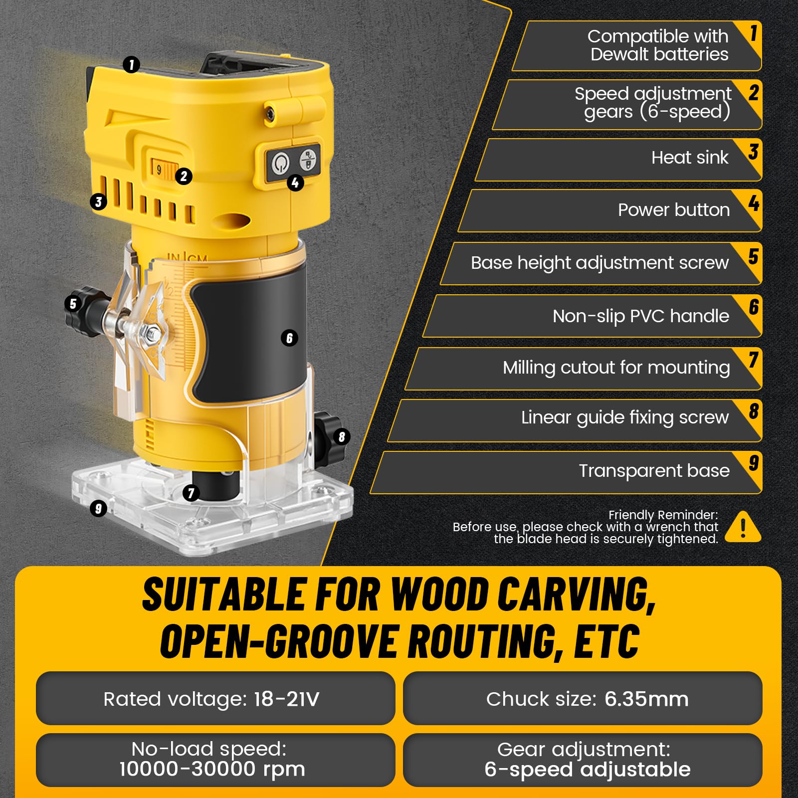 Fresa a Batteria 21V Brushless 850W Compatibile Dewalt, Fresatrice per Legno 30000 Giri/min 6 velocità, profondità 20mm, Rifilatore per Scanalature e Lavori di Falegnameria
