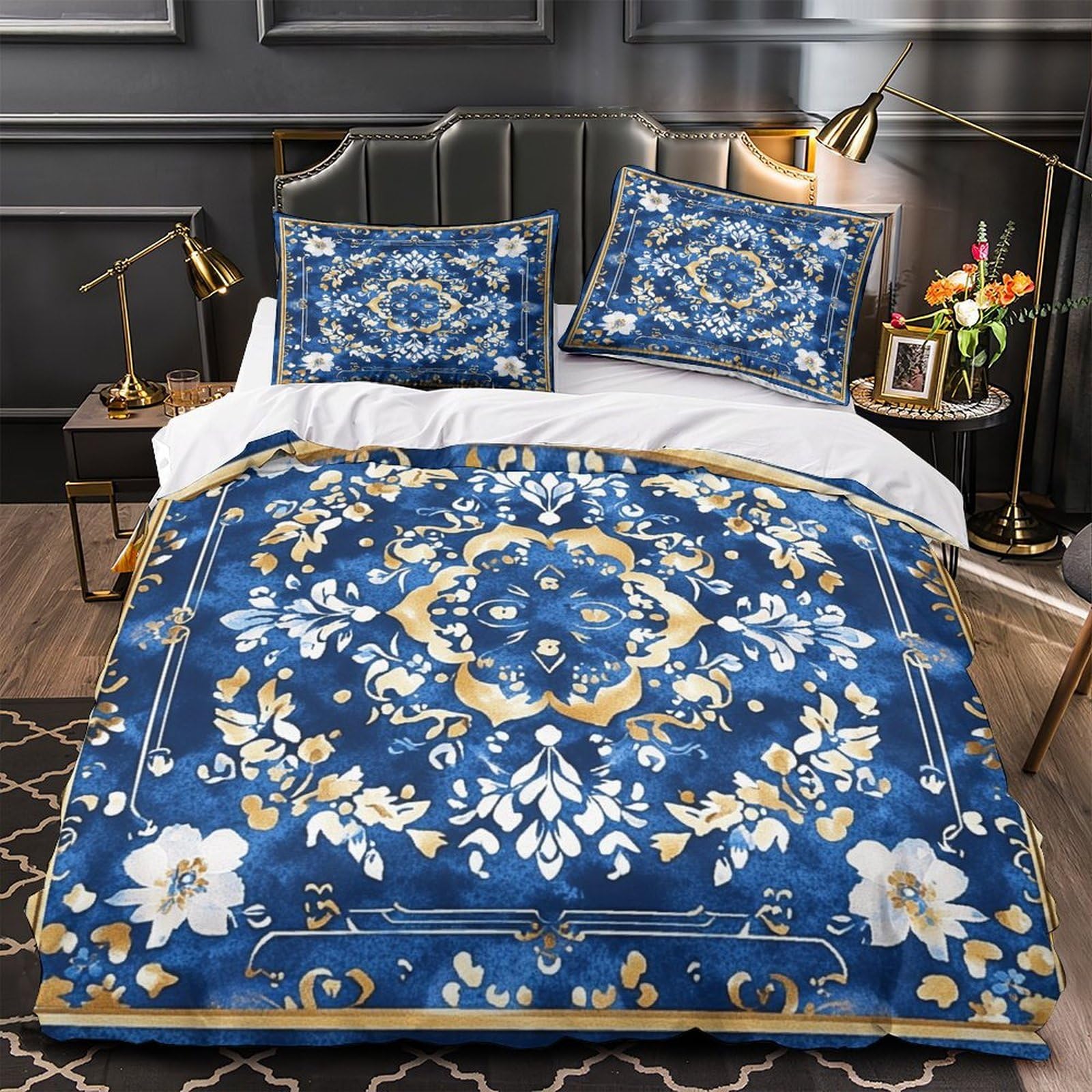 Housse de couette fleurie 3D en microfibre premium style baroque chic pour lit double