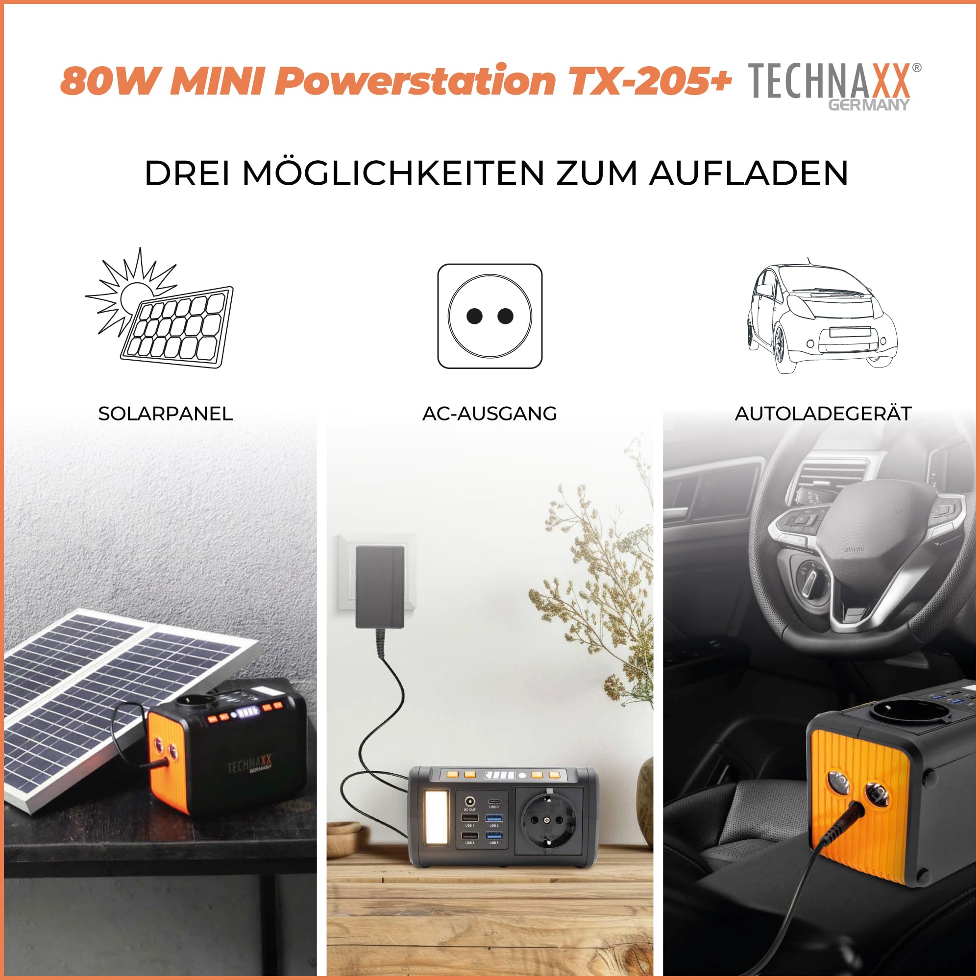Technaxx Mini Tragbare Powerstation 74Wh 80W mit 230V Steckdose, USB-C PD 18W, 4×USB-A QC3.0, DC-Ausgang, LED, Solarlade-kompatibel, Camping & Notstrom Generator – Aktualisiertes Modell 2026 TX-205+