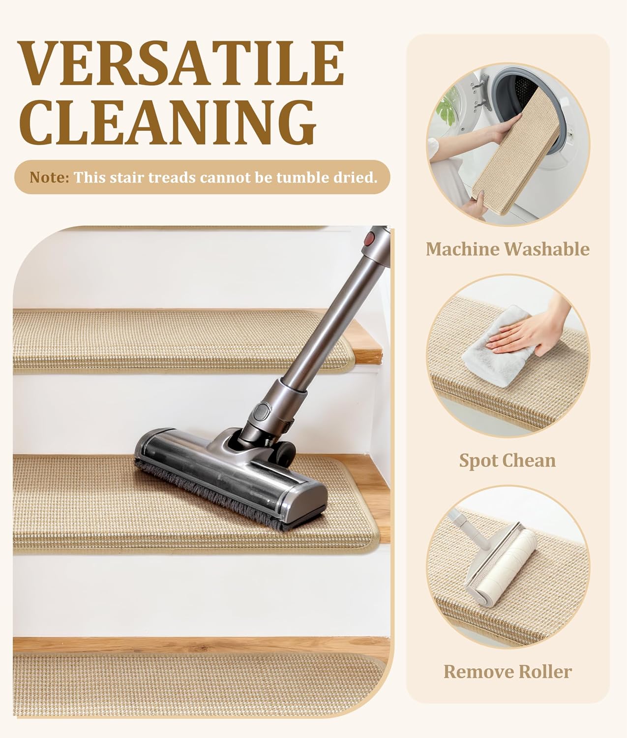 Bullnose Stair Treads for Wooden Steps: 14 Pack Bullnose Stair Carpet Treads Washable Non Slip Peel and Stick Carpet Runner for Wood Stairs 29.5"x9.5"x1.5" Beige and Natural