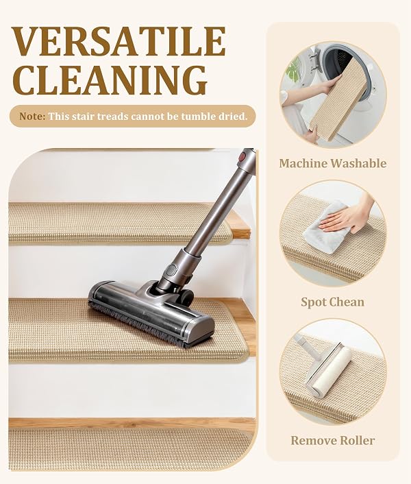 Bullnose Stair Treads for Wooden Steps: 14 Pack Bullnose Stair Carpet Treads Washable Non Slip Peel and Stick Carpet Runner for Wood Stairs 29.5"x9.5"x1.5" Beige and Natural by ChubbySheep - Used condition - Image 4