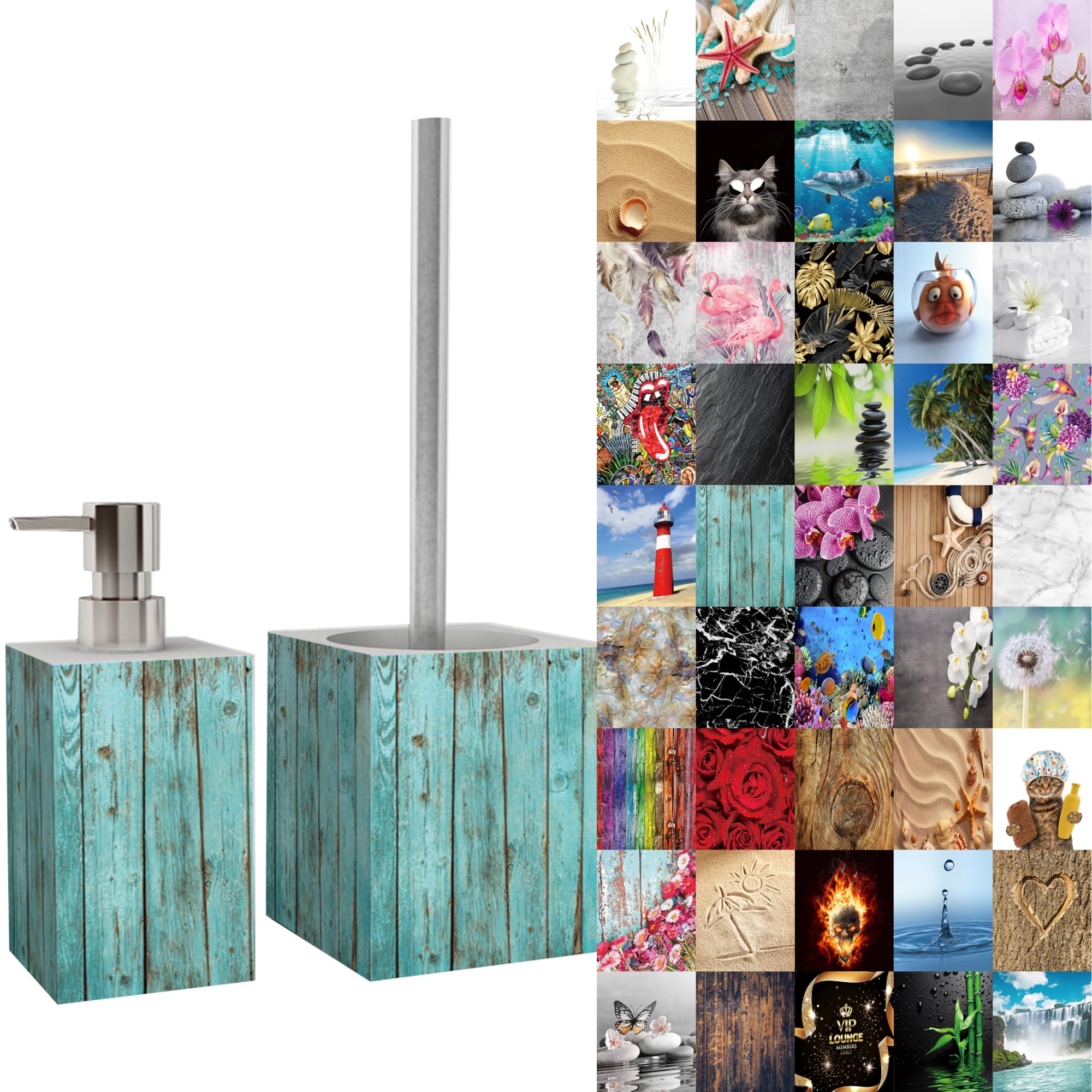 Set Bagno Sanilo - Dispenser Sapone E Scopino WC In Acciaio, Design Moderno (Eucalipto) - Foto 3