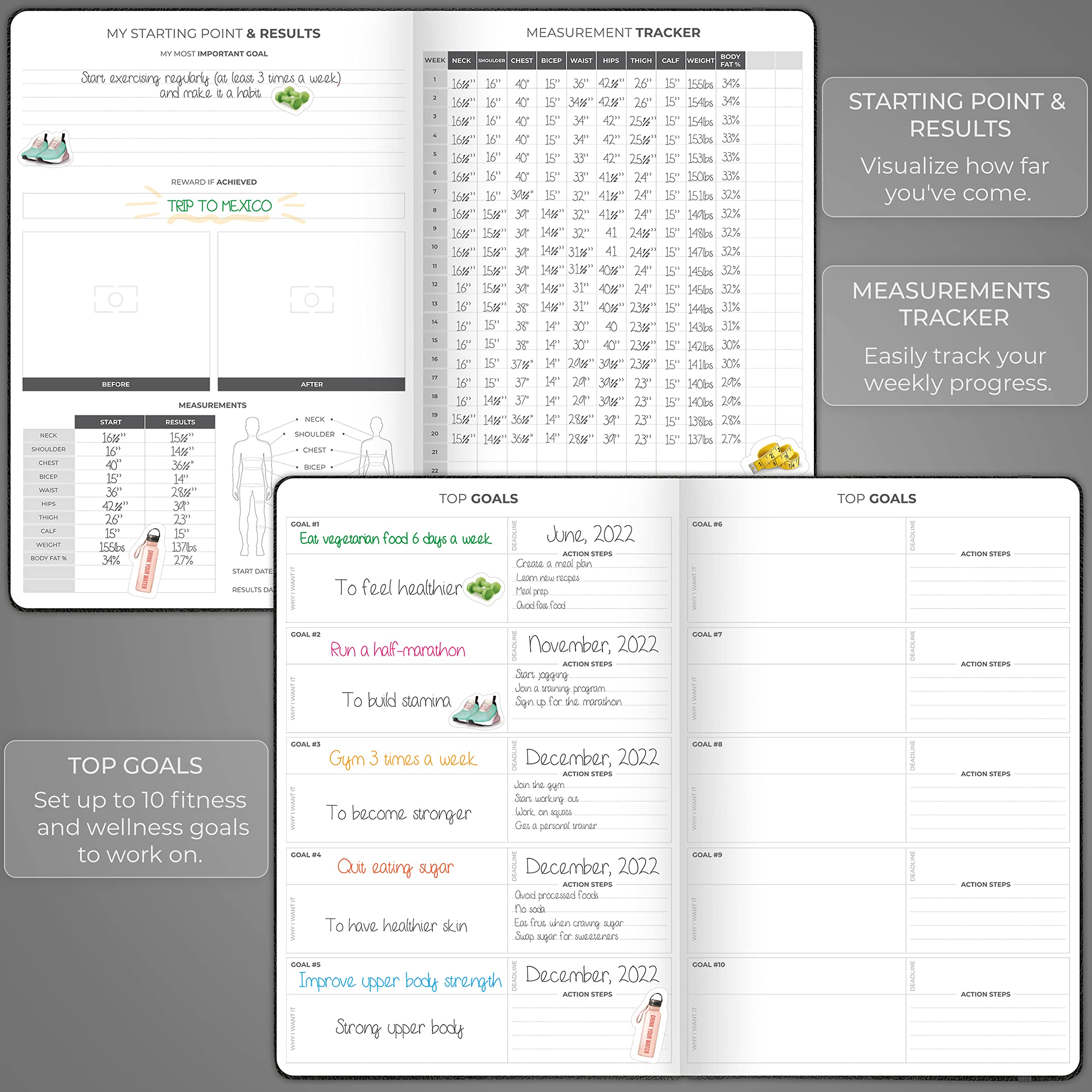 Clever Fox Fitness Journal PRO - Planificador de entrenamiento y comidas con rastreador de hábitos, cuaderno de registro de ejercicios, planificador de fitness, 6 meses (negro)