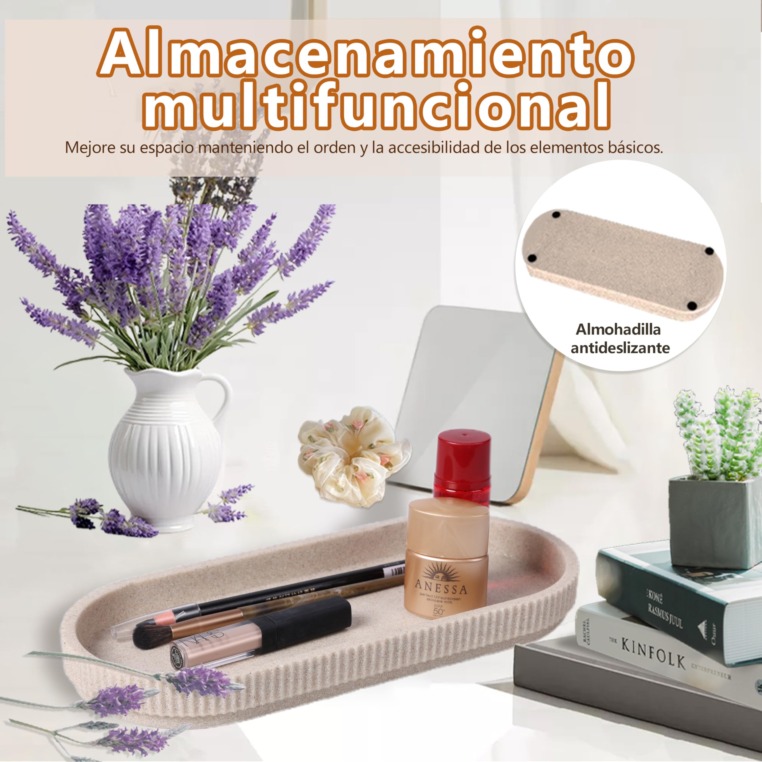 Set Completo de Accesorios de Baño 6 Piezas, Resina Beige Rayada | Dispensador de jabón, vaso, porta cepillos, bandeja, algodonero y organizador; conjunto completo para lavabo, tocador y baño.