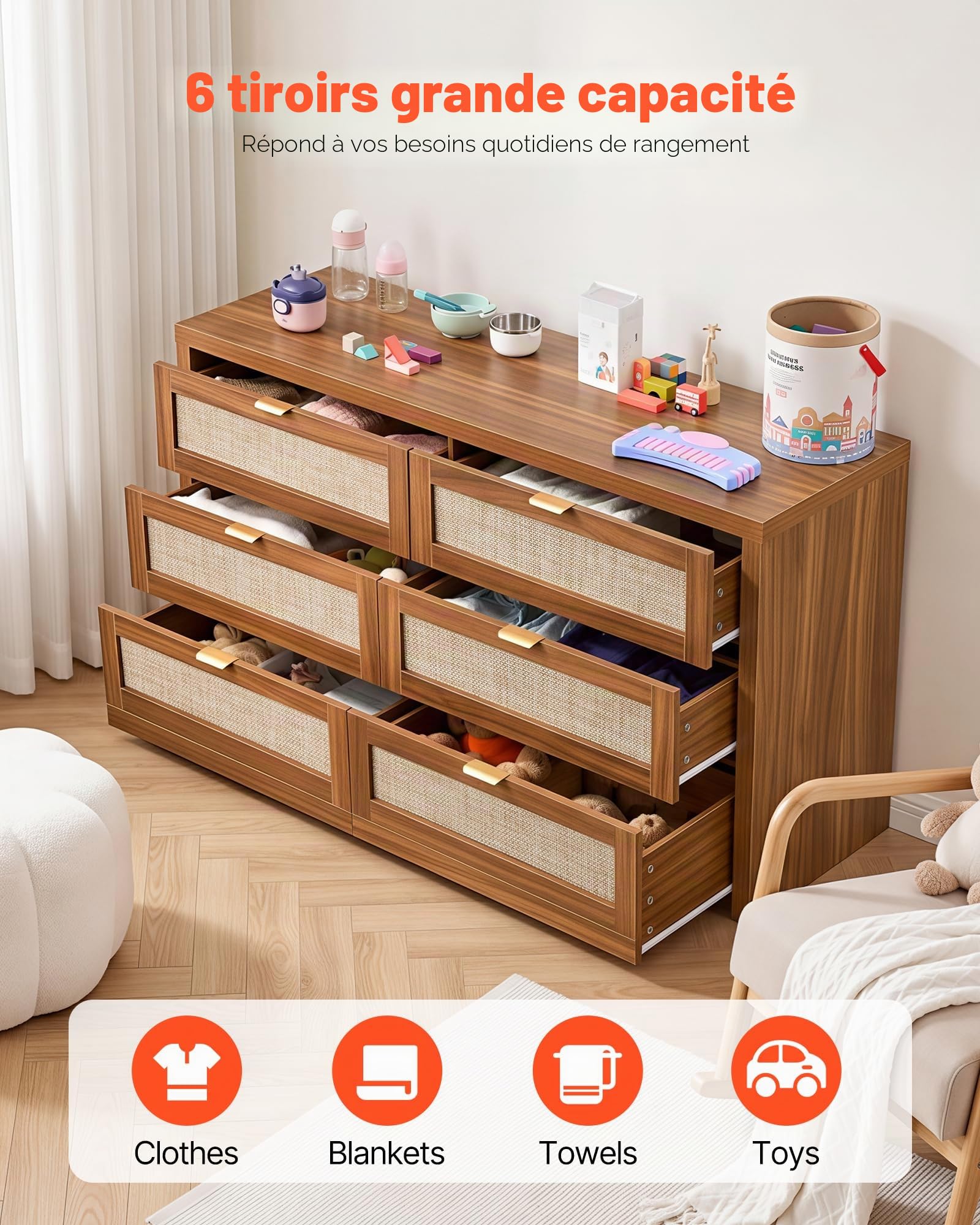 VEVOR Commode en rotin à 6 tiroirs, Meuble de Rangement avec poignées en métal, Organisateur de vêtements et Rangement bohème en Bois, Armoire pour Chambre à Coucher, Salon ou Couloir, Couleur Noyer