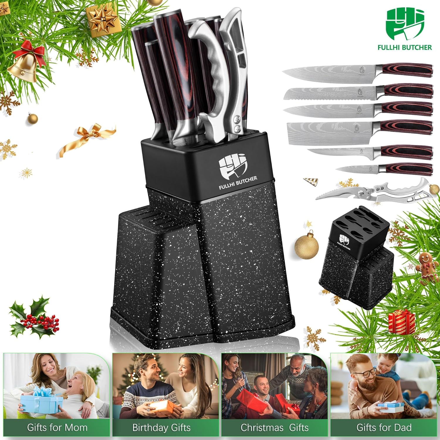 FULLHI 8pcs block Knife Set,chef's Knves Set with Block and Sharpener, Kitchen Knife Set,Multi-colour Handle, Gifts for Men Women