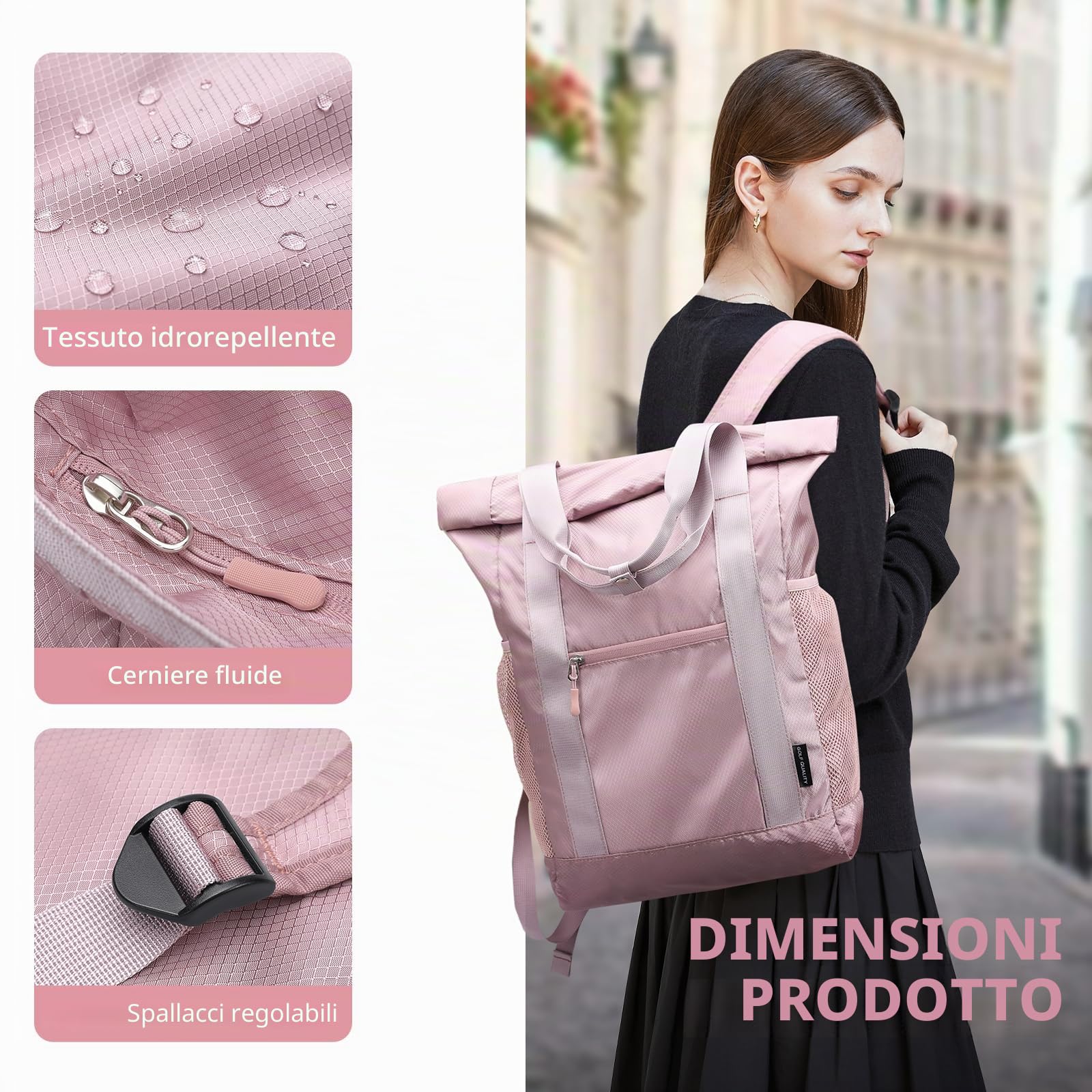 Zaino Pieghevole 2 In 1 Convertibile in Nylon Leggero per Donna Uomo Viaggio Città Sportivo, Borsa a Mano Versatile, Casual Daypack 21.9L, Rosa mirtillo