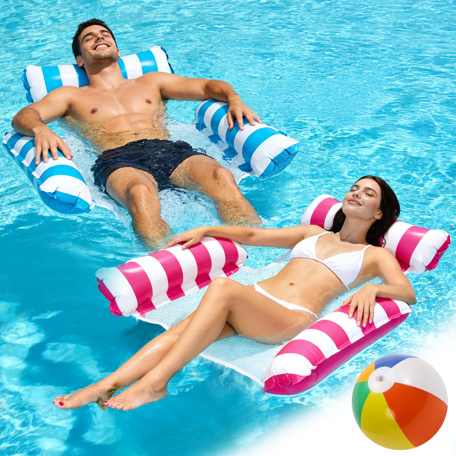 RYACO 2 Pack Inflatable Pool Float, 4 in 1 Lilo Water Hammock with Beach Ball, Cool Mesh Swimming Floats Pool Toys for Adults, Inflatable Pool Lounger Chair Sofa Saddle for Lazy River Beach