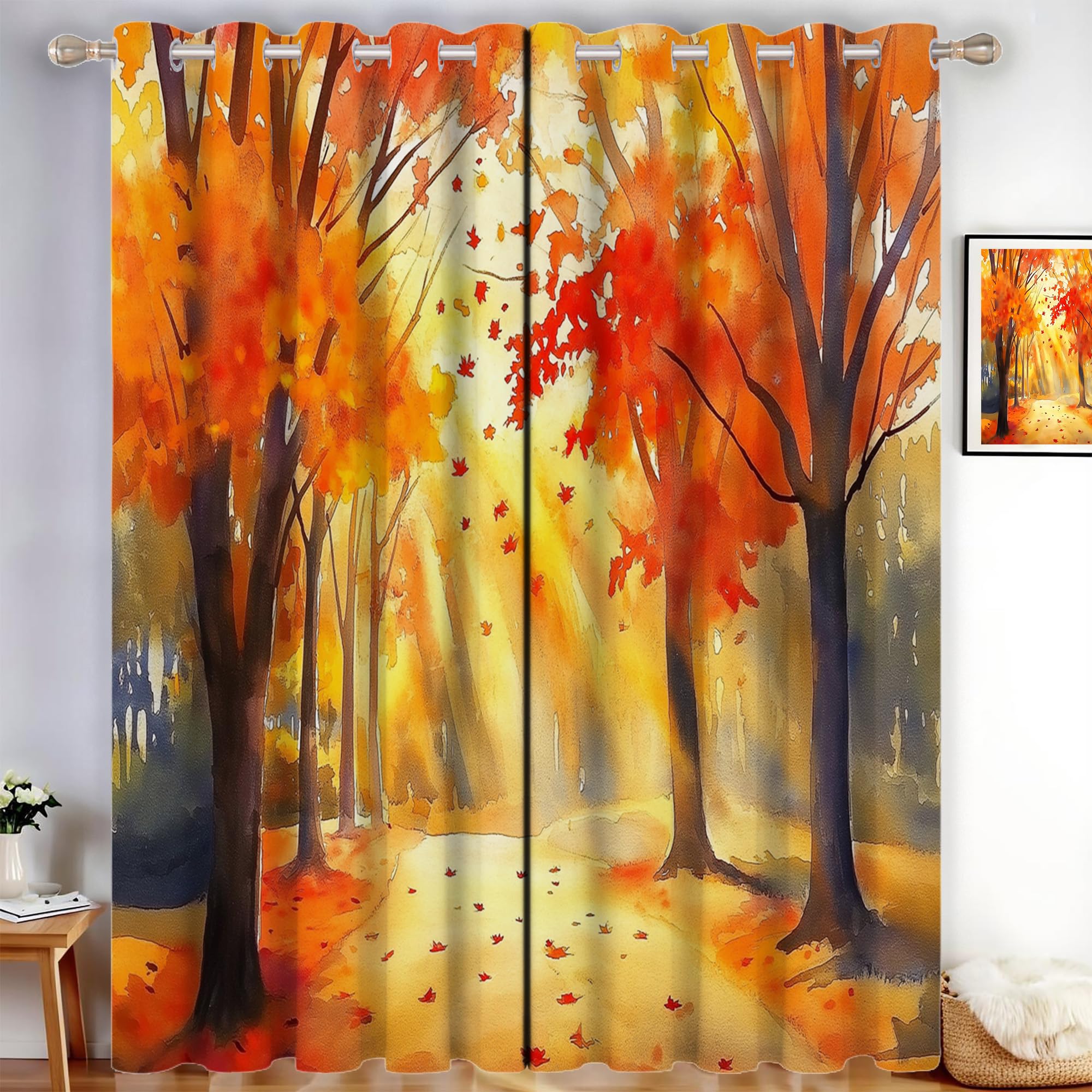 Rideau occultant paysage d'automne à oeillets - Double rideau orange et jaune 140x225