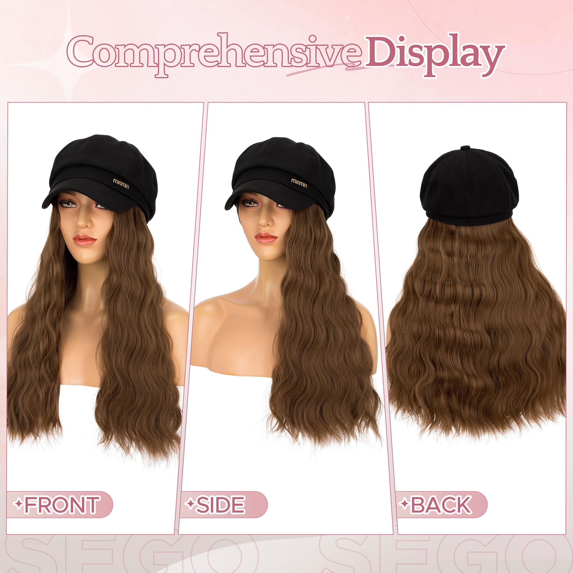 SEGO 18 Inch Long Wavy Hair Extension With Attached Black Beret Hat Synthetic Hairpiece Fashionable For Women - Ash Brown - Image 3