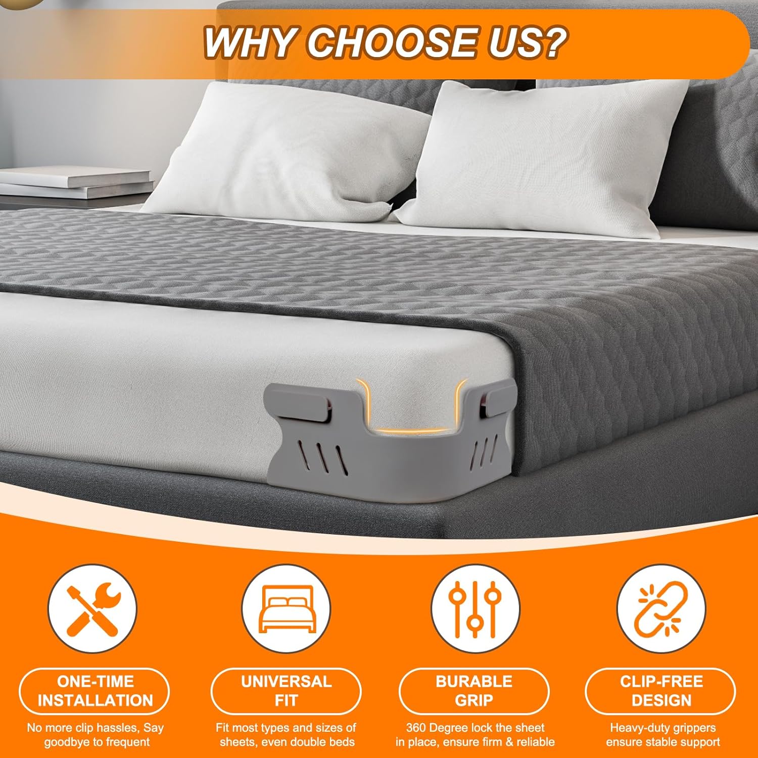 Bed Sheet Holders for Corners, Heavy Duty Fitted Sheet Holder with Lock Fastener Straps &Anti-Slip Pads Keep Sheets Firm&Tight, No More Loose Sheets, Easy Installation for Any Mattress Sizes(Set of 4)