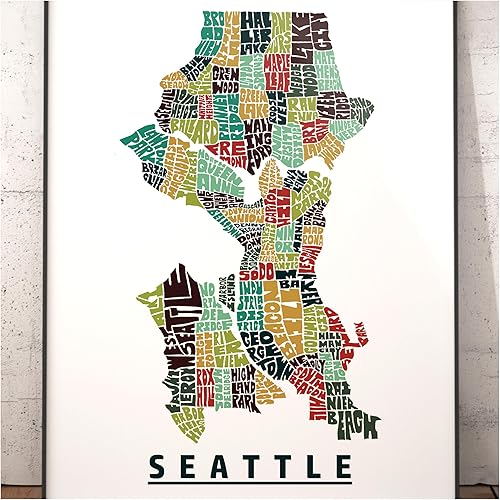 Impresión del mapa del barrio de Seattle, impresión firmada de mi arte original de mapa de tipografía de Seattle dibujado a mano