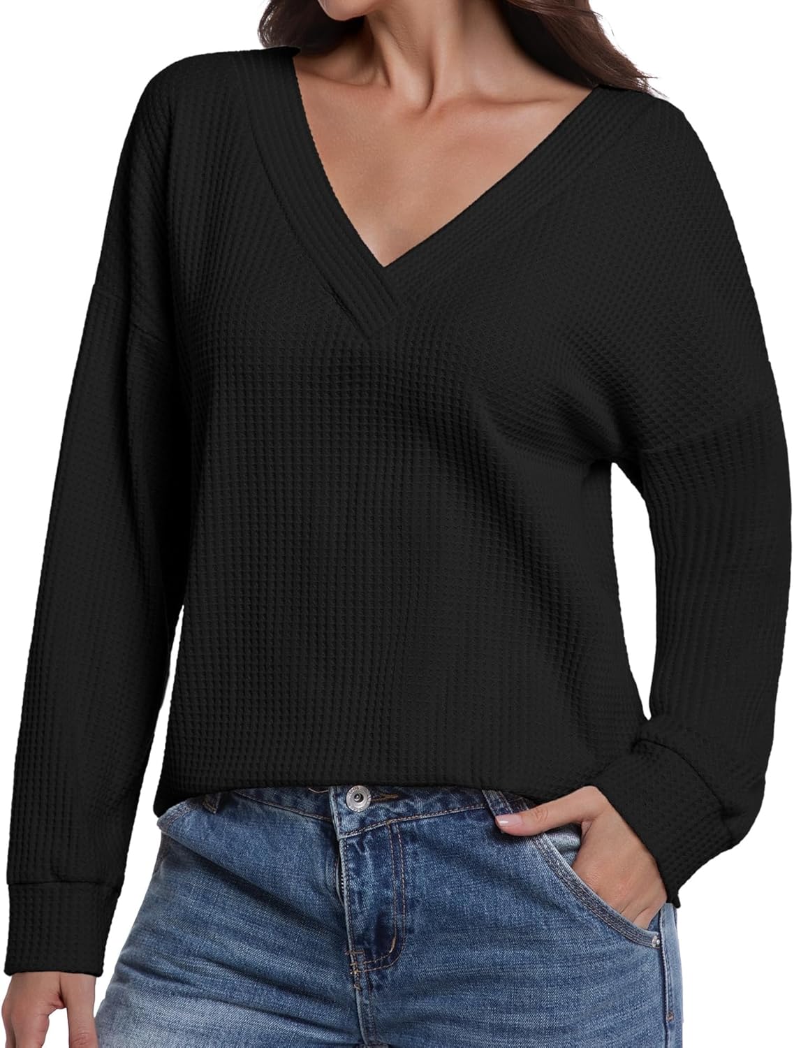 Women's Waffle Knit Tops Fall Loose Long Sleeve V Neck Shirts Dressy Casual Blouse - Image 2