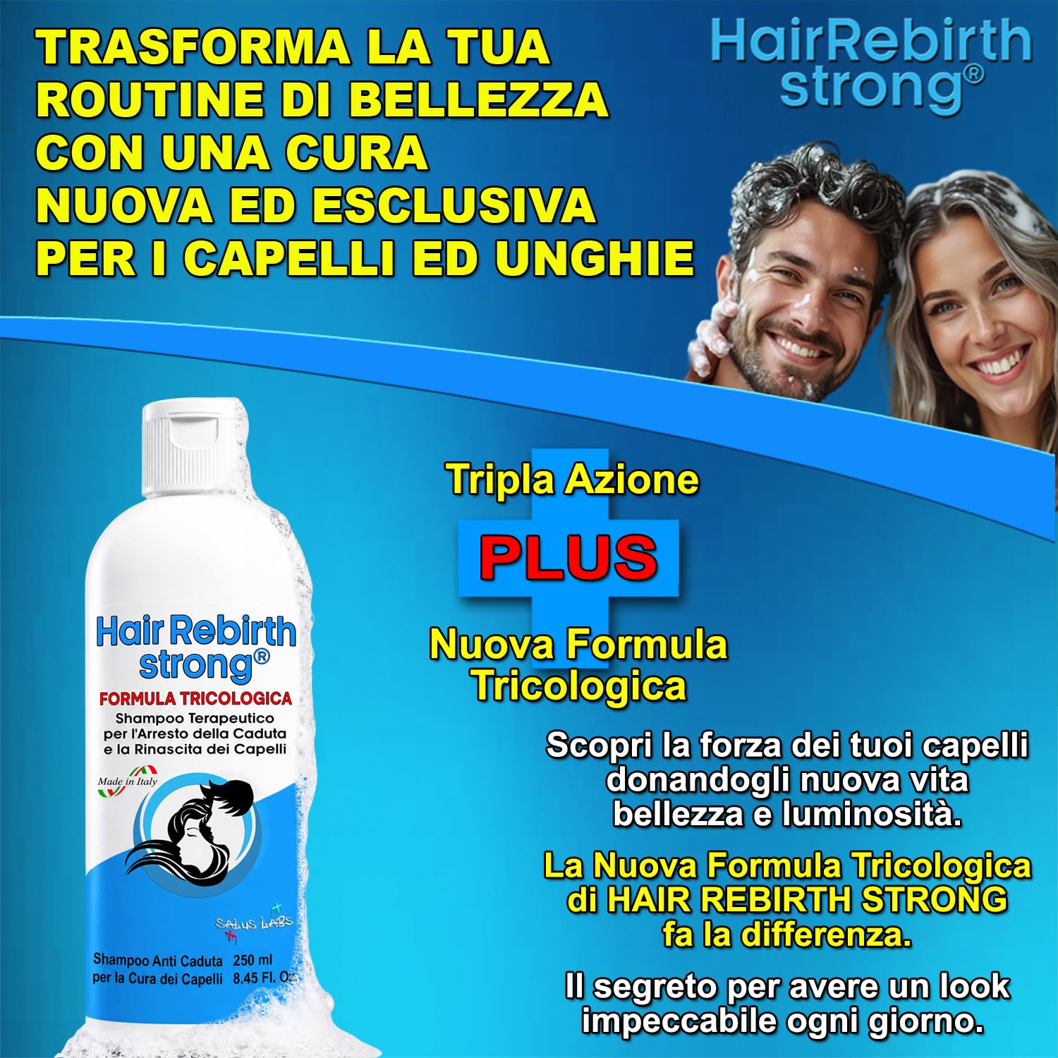 HAIR REBIRTH STRONG * Shampoo 250 ml * Il Miglior Shampoo Anticaduta e Ricrescita * Formula Tricologica con Cheratina Caffeina e Biotina * Made in Italy 100% * Rinascita dei Capelli * Registrato CPNP
