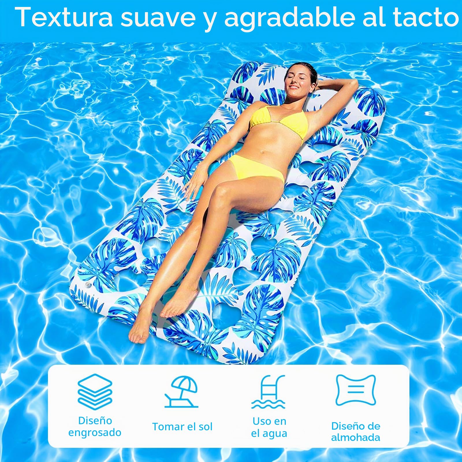 Colchoneta Piscina Adultos, Hamaca Inflable para Piscina, Hamaca de Agua, Colchoneta Hinchables para Piscina, Colchoneta Agua con Agujeros, Tumbona Hinchable de Agua para Fiesta Playa Piscina