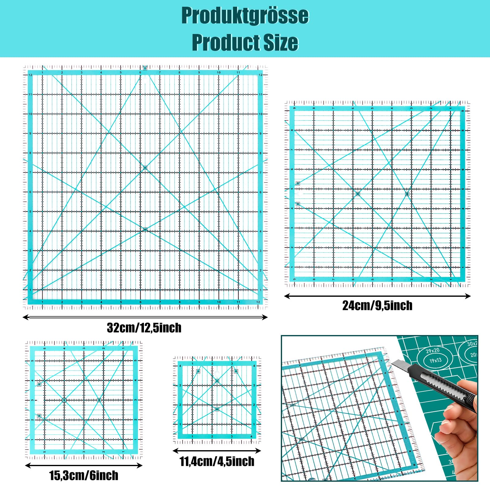 4 righelli patchwork da 31,75 cm, 24,13 cm, 15,24 cm, 11,43 cm, righello per cucitura quadrato, con scala e indicatore angolare, 30/45/60 gradi, righello da taglio trasparente per cucire