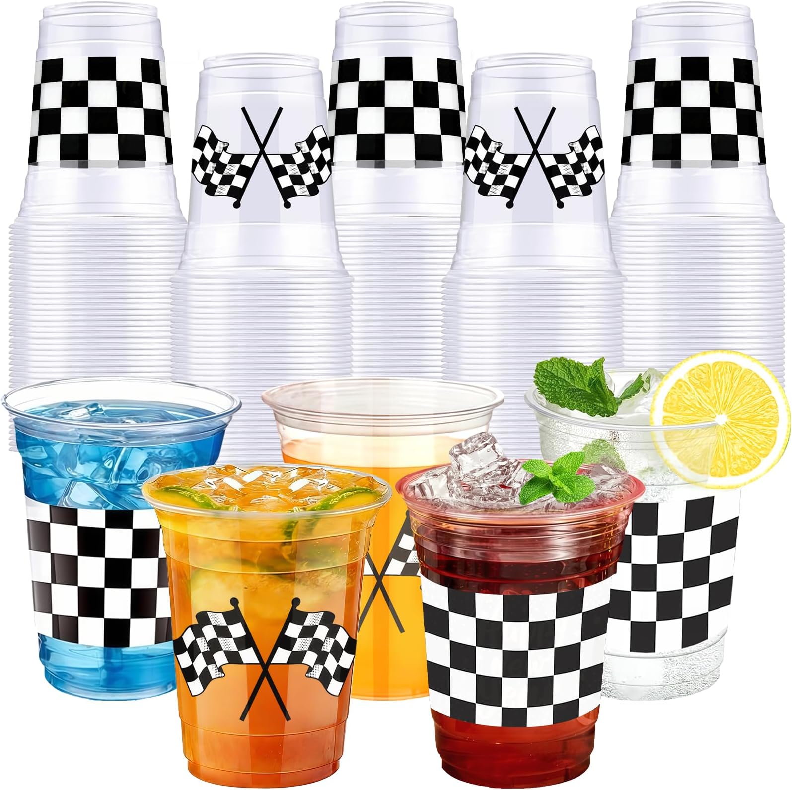 200 Pcs Checkered Racing Party Plastic Cups 16 oz White Black Checkered Flag Clear Cup Disposable Race Car Drinking Cups for Race Car Sports Themed Birthday Table Decoration Party Favors Supplies