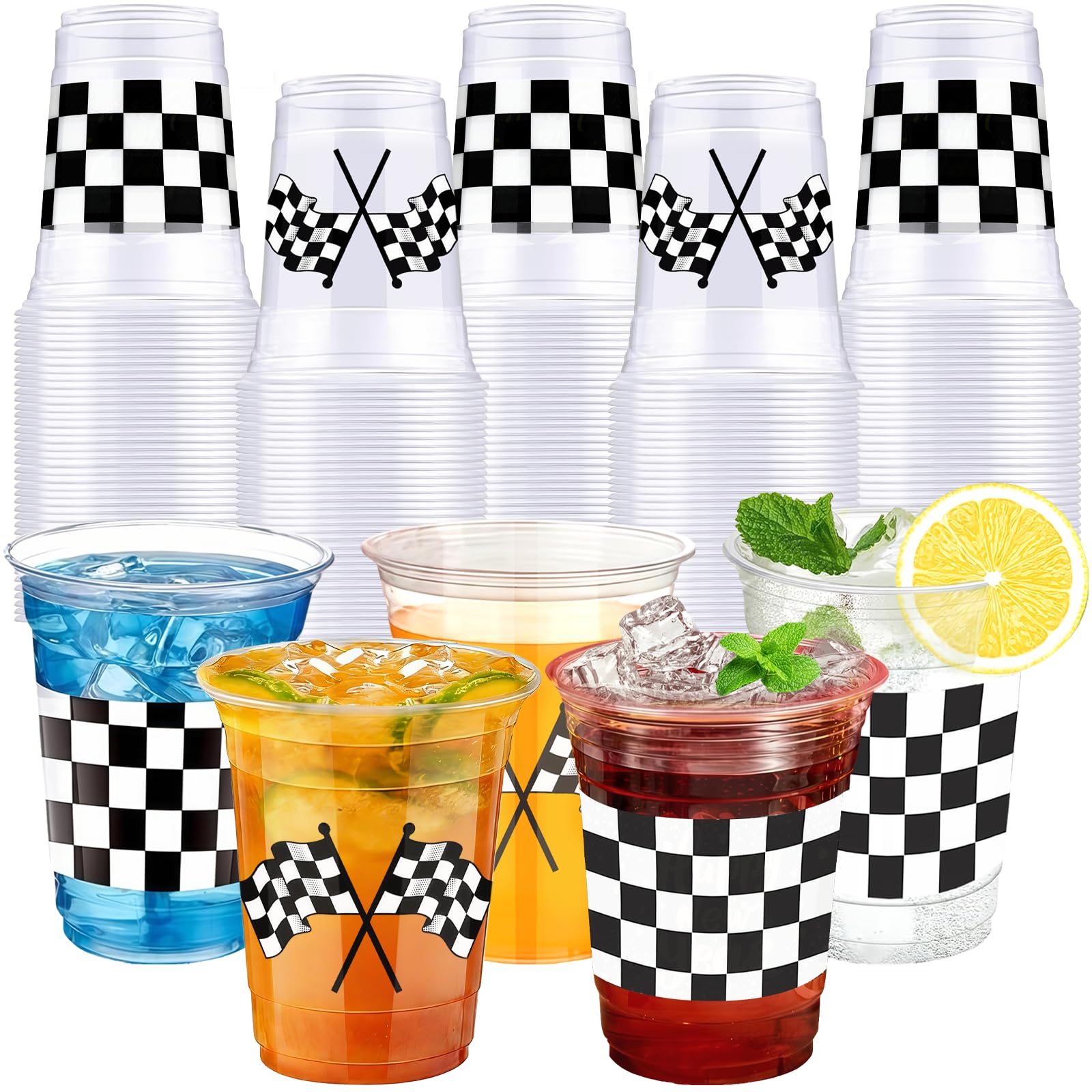 200 Pcs Checkered Racing Party Plastic Cups 16 oz White Black Checkered Flag Clear Cup Disposable Race Car Drinking Cups for Race Car Sports Themed Birthday Table Decoration Party Favors Supplies