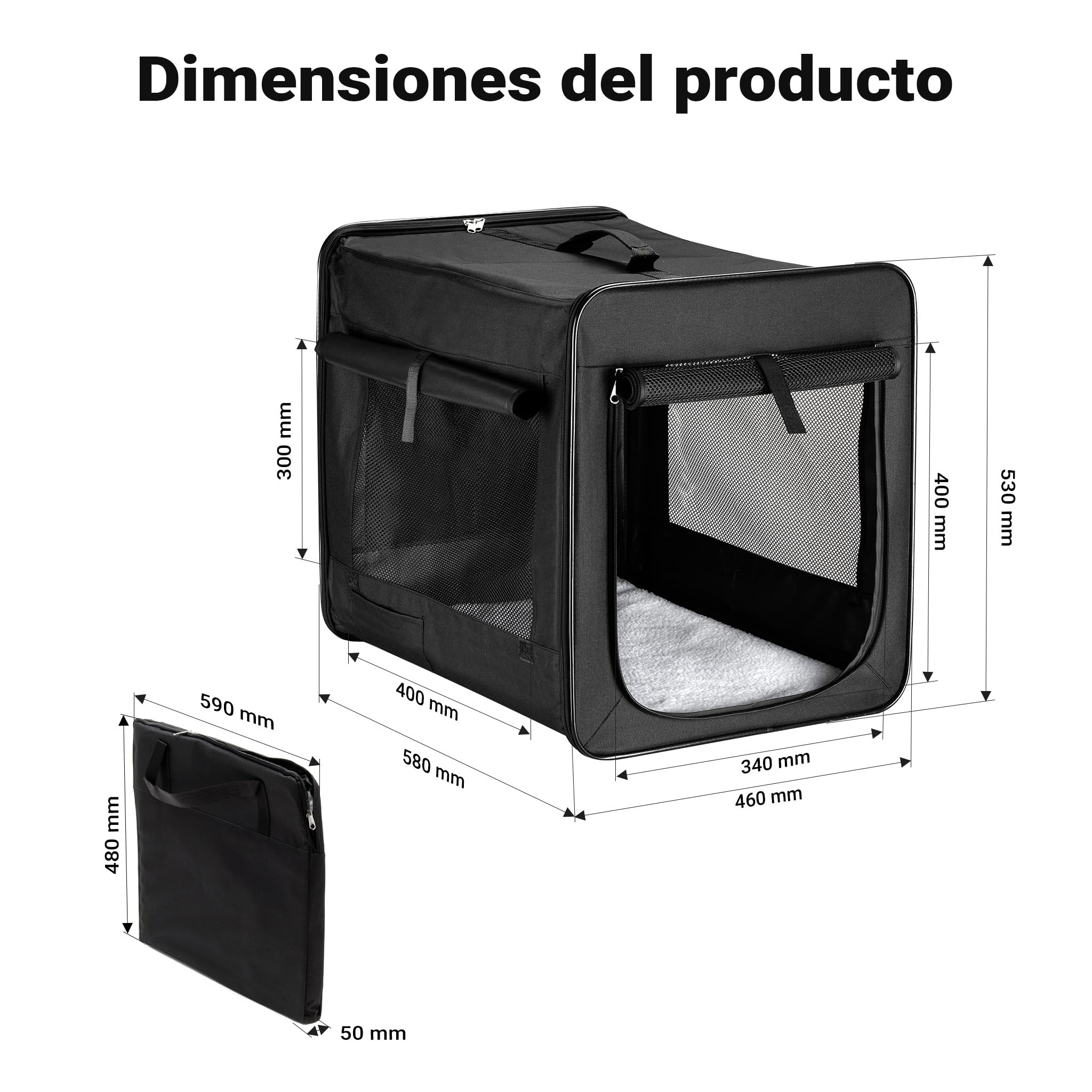 Wiltec Bolsa de Transporte Plegable Negra Mascotas Perro Gato, Talla M (58x46x53 cm), con cojín